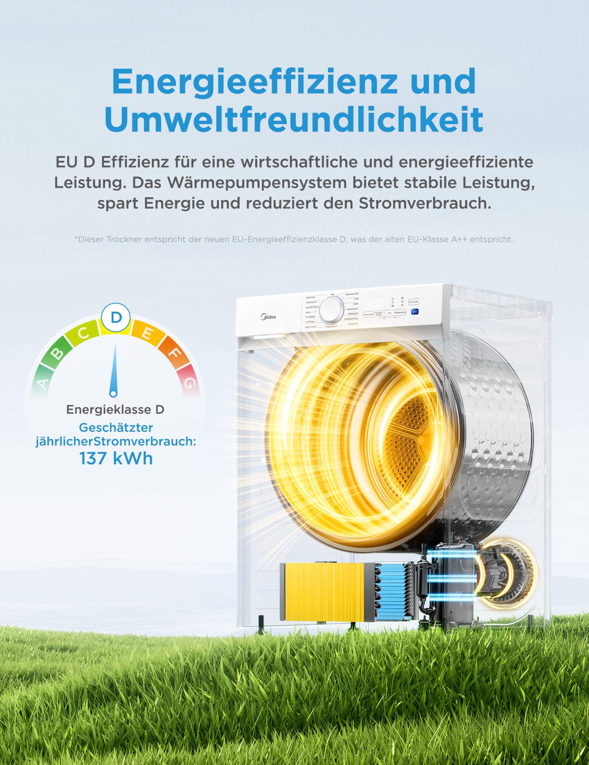 Midea Wärmepumpentrockner V3 series 10 kg Energieklasse D UV-Licht hygienische Reinheit Knitterschutz LED-Display Startzeitvorwahl Schnelltrocknen Weiß
