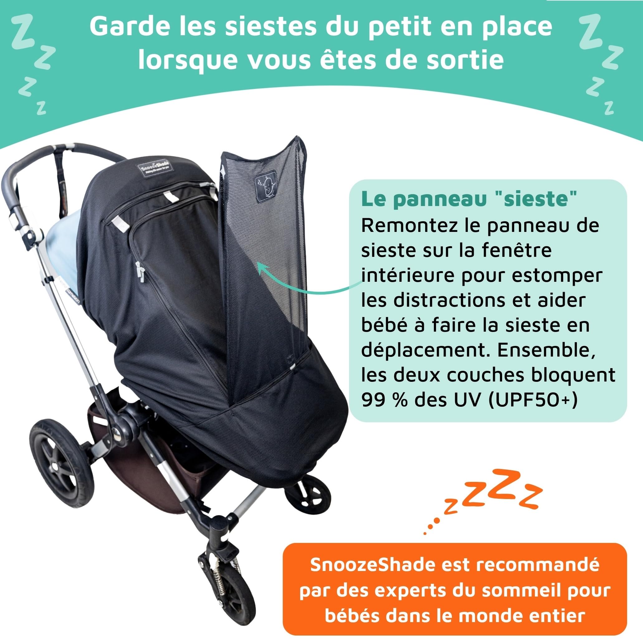 SnoozeShade Plus Extra (6–9 mois et plus) – Ombrelle pour poussette et pare-soleil universel pour bébé et aide au sommeil pour poussettes; Bloque jusqu'à 99% des rayons UV