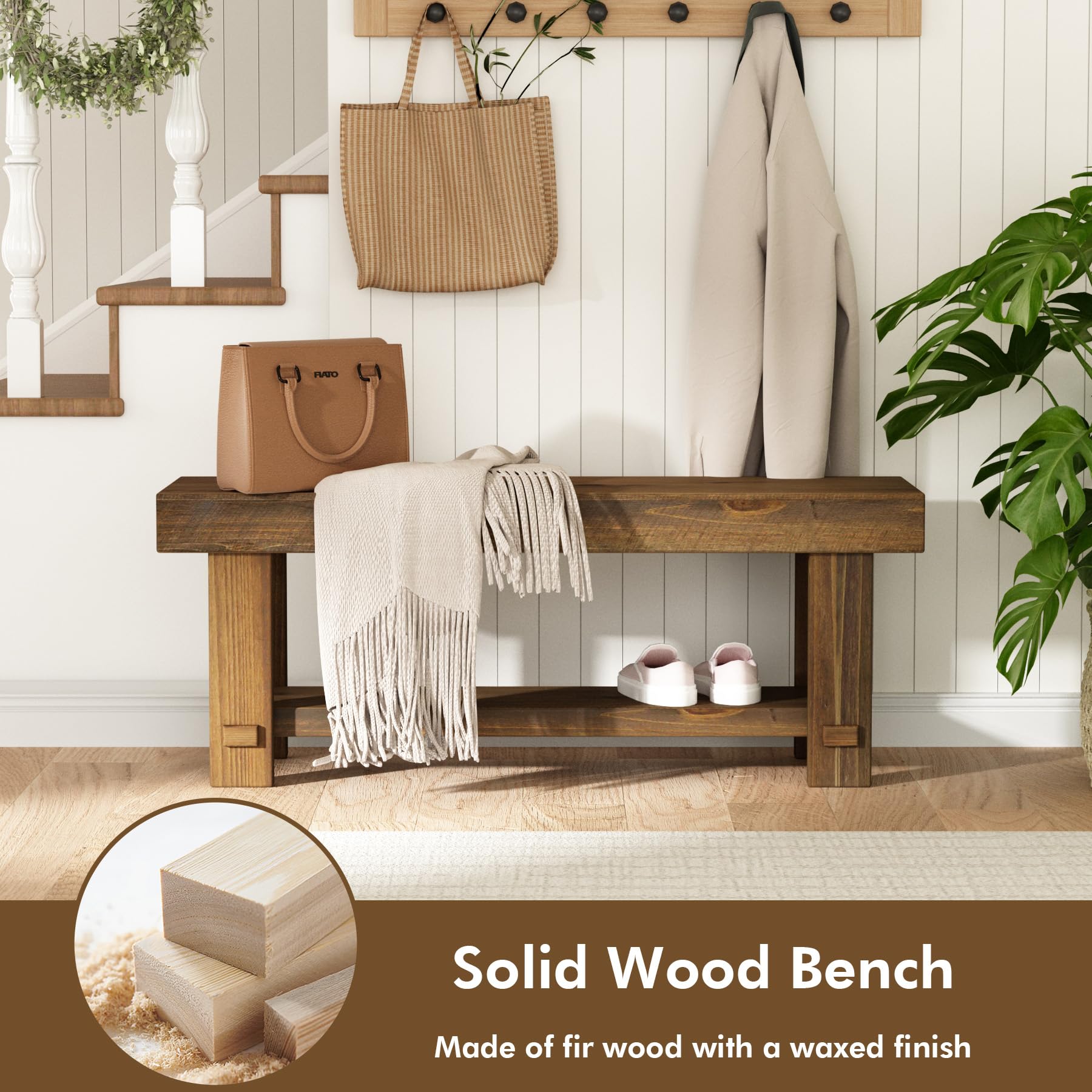 Solid Wood Entryway Bench - 42.6" Farmhouse Long Narrow Benches | Rustic Natural, Storage Bench, Easy Assembly, for Indoor, Entryway, Dining Room, Living Room, Bedroom and Hallway
