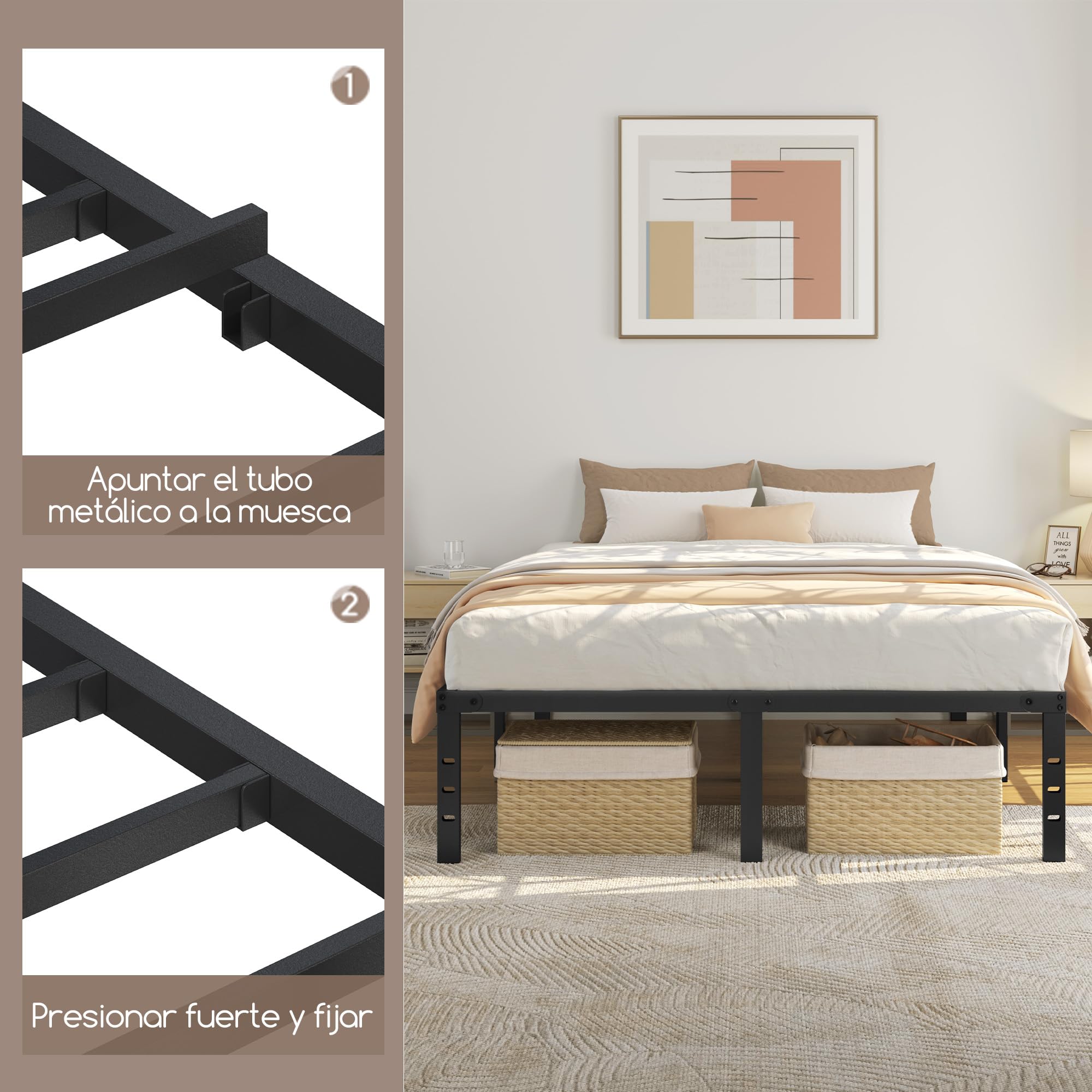 Yaheetech Bastidor de Cama Metálico 140x200x36cm Negro con Almacenamiento