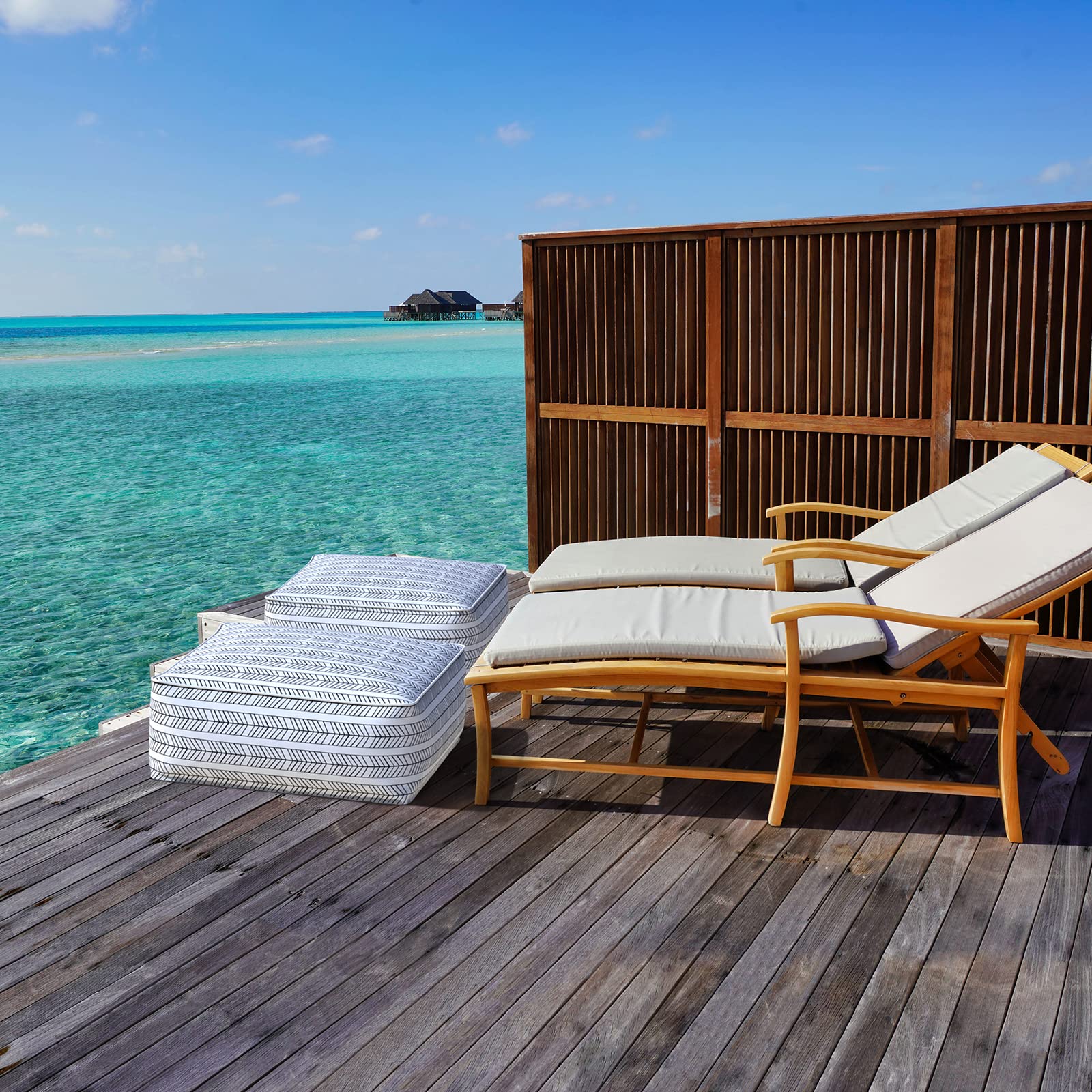 LVTXIII Indoor/Outdoor Inflatable Ottoman, 23 x 23 x 9 Inch Square Ottoman, All Weather Foot Rest Stool, Portable Footrest for Patio, Garden, Camping and Home - Herringbone White