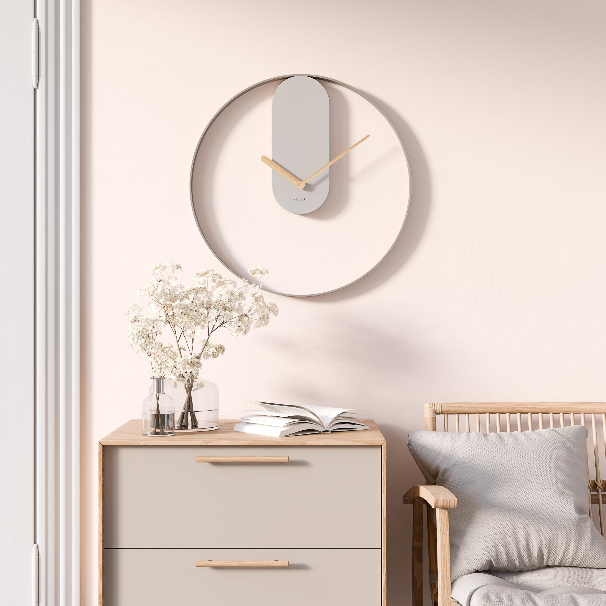 Cander Berlin MNU 5560 P XXL Reloj de pared vintage silencioso, 60 cm, metal, manecillas de madera, sin ruido de tictac, grande, moderno, negro, salón, cocina