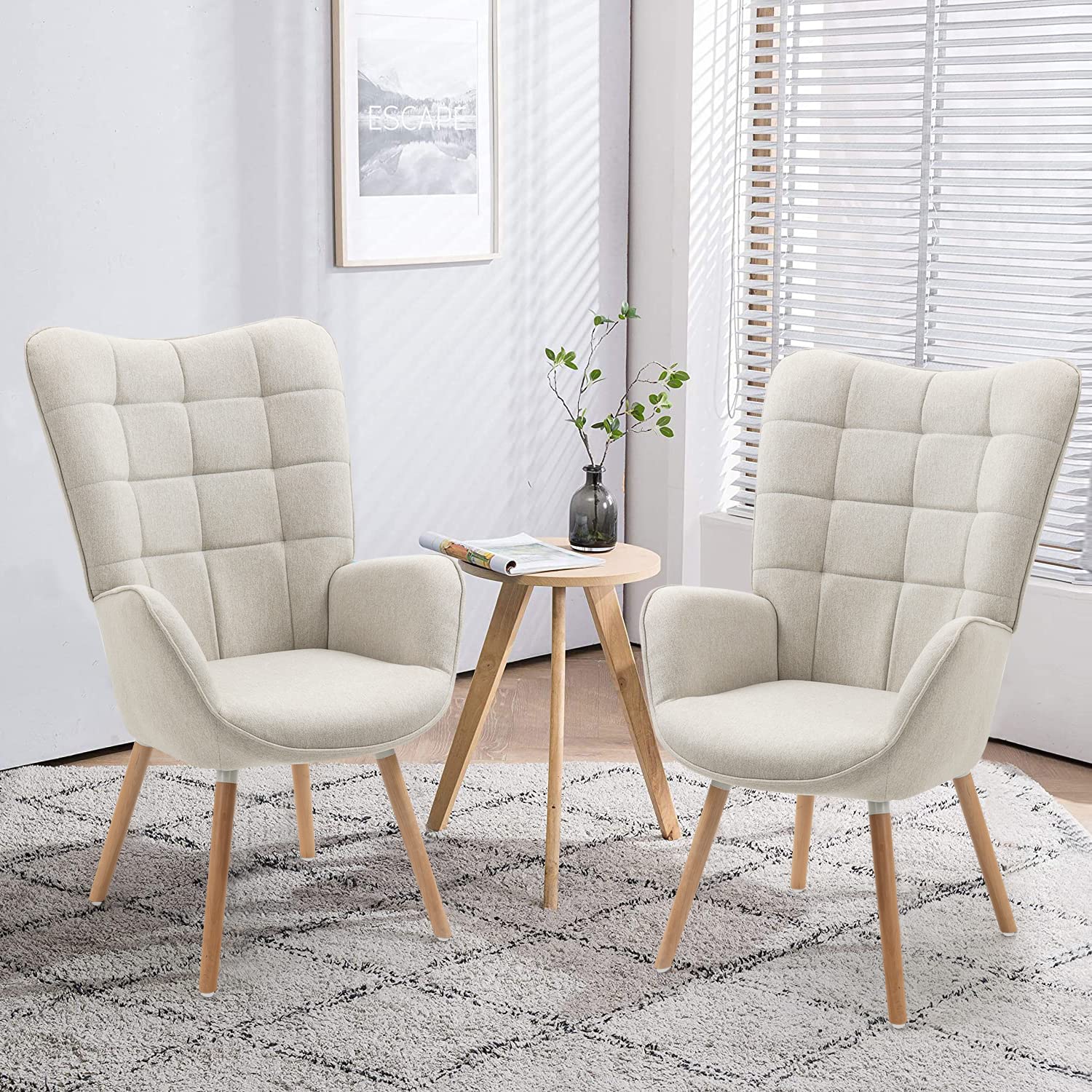 MEUBLE COSY Poltrona Imbottita Scandinavia Sedia da Salotto con Braccioli Poltroncina Relax in Tessuto con Schienale Alto Gambe in Legno per Camera da Letto Soggiorno, Beige, 66x64x106cm