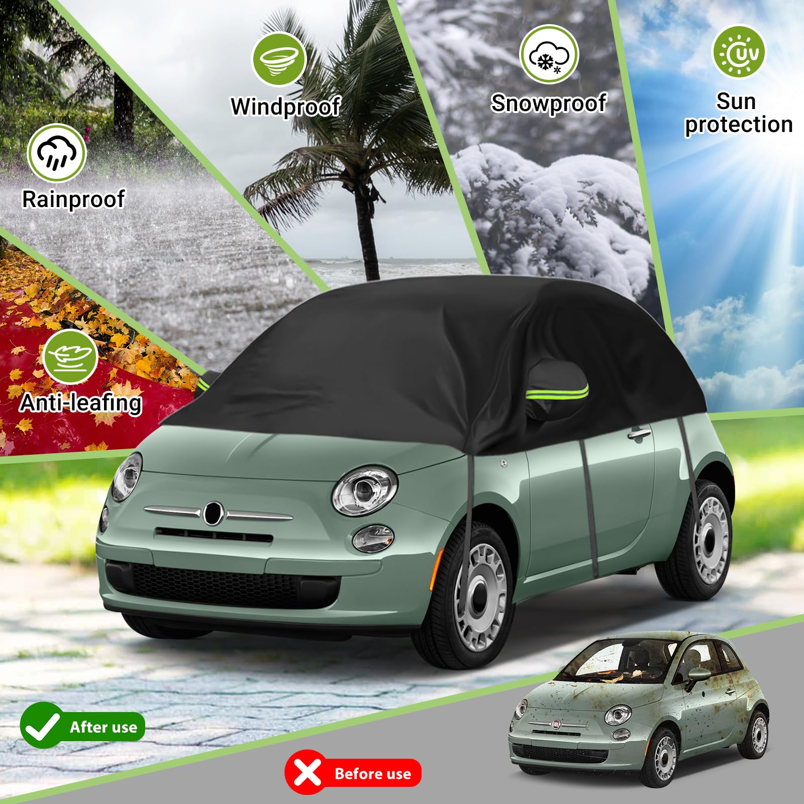 Autoabdeckung Ersatz für VW Up Toyota Aygo Kia Picanto Citroen C1, Universelle Sonnenfest Hälfte Halbgarage UV Beständige Halbe Auto Abdeckplane Staubdicht Schneefest Outdoor Indoor