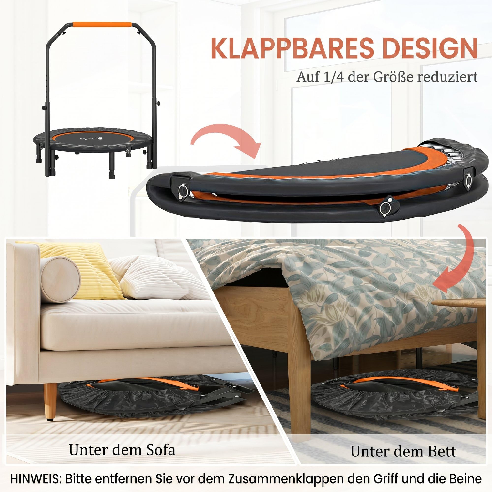 HOMCOM 102 cm Fitness-Trampolin, Faltbares Mini-Trampolin mit vierfach höhenverstellbarem Haltegriff, Fitness-Rebounder für Erwachsene, bis 150 kg
