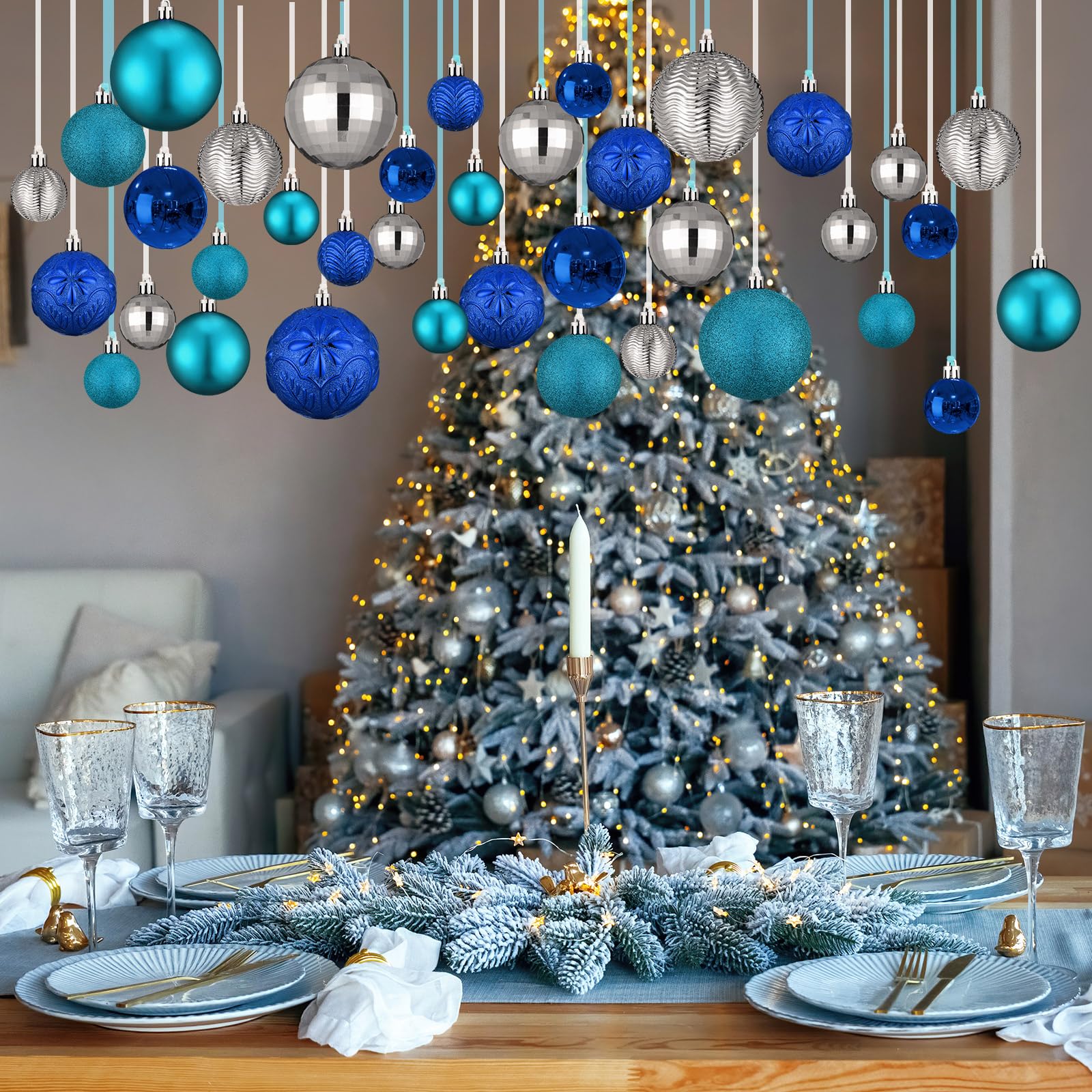 Lot de 36 boules de Noël incassables à suspendre pour sapin de Noël, décorations d'intérieur (bleu lac, bleu marine, argent)