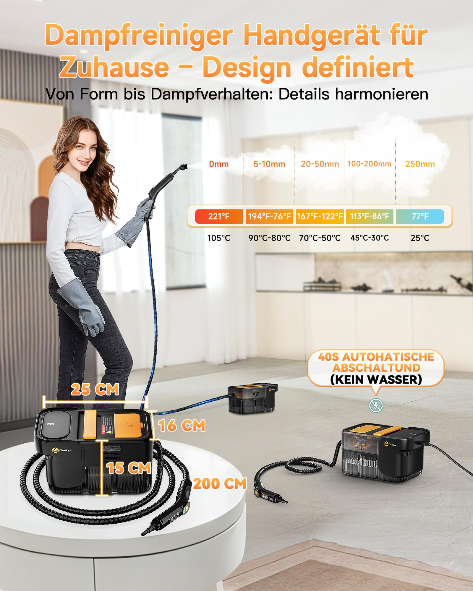 Gautye Pulitore a vapore 3 livelli con manico regolabile, 10 secondi di tempo di riscaldamento, serbatoio dell'acqua da 2 l, pulitore a vapore con 18 accessori, pulitore a vapore per cucina, bagno
