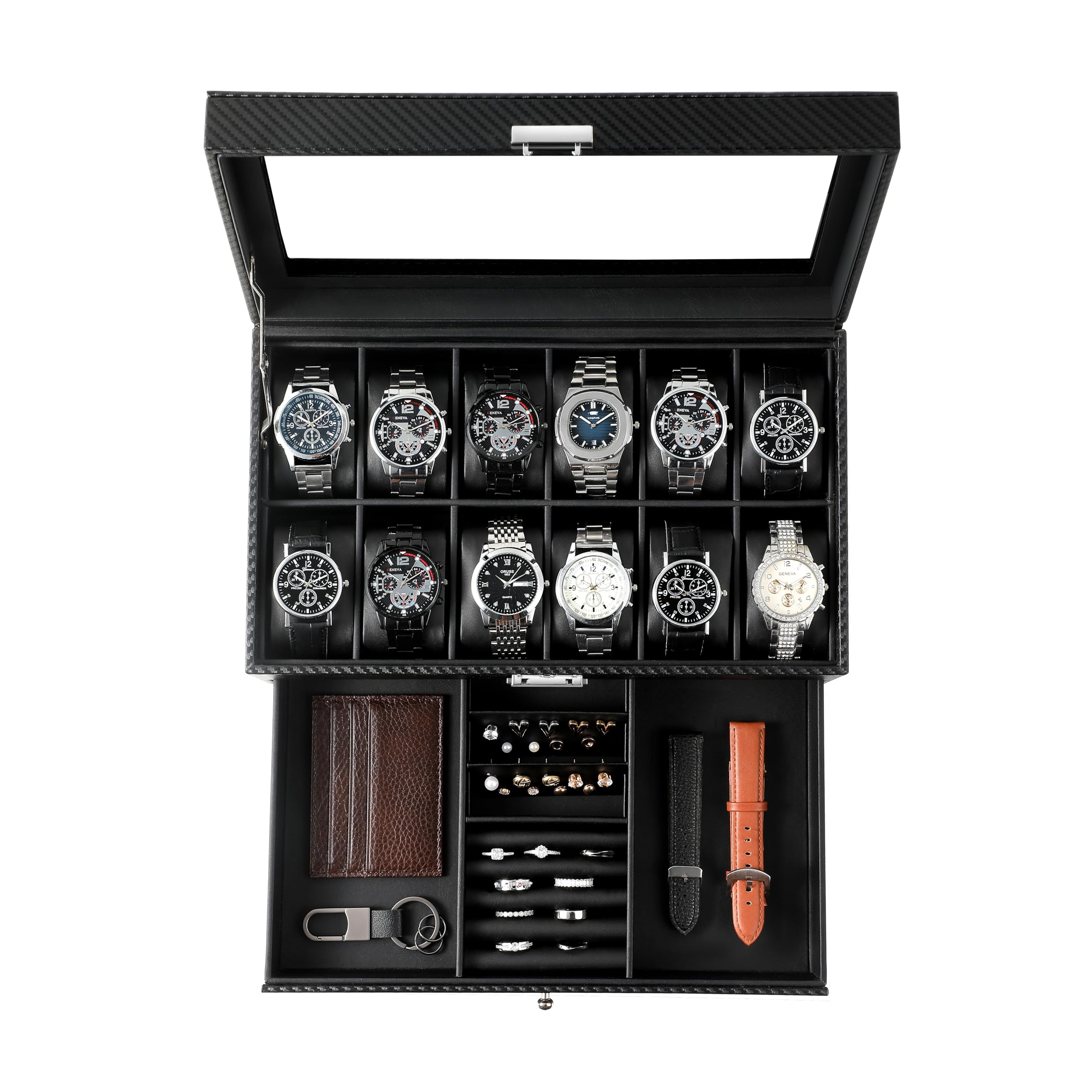 Caja de Reloj para 12 Relojes, Caja de 2 Niveles con Tapa de Cristal y Cajón, Caja de Reloj para Hombre con Cerradura de Llave para Hombres, Anillos, Gemelos y Relojes, Color Negro