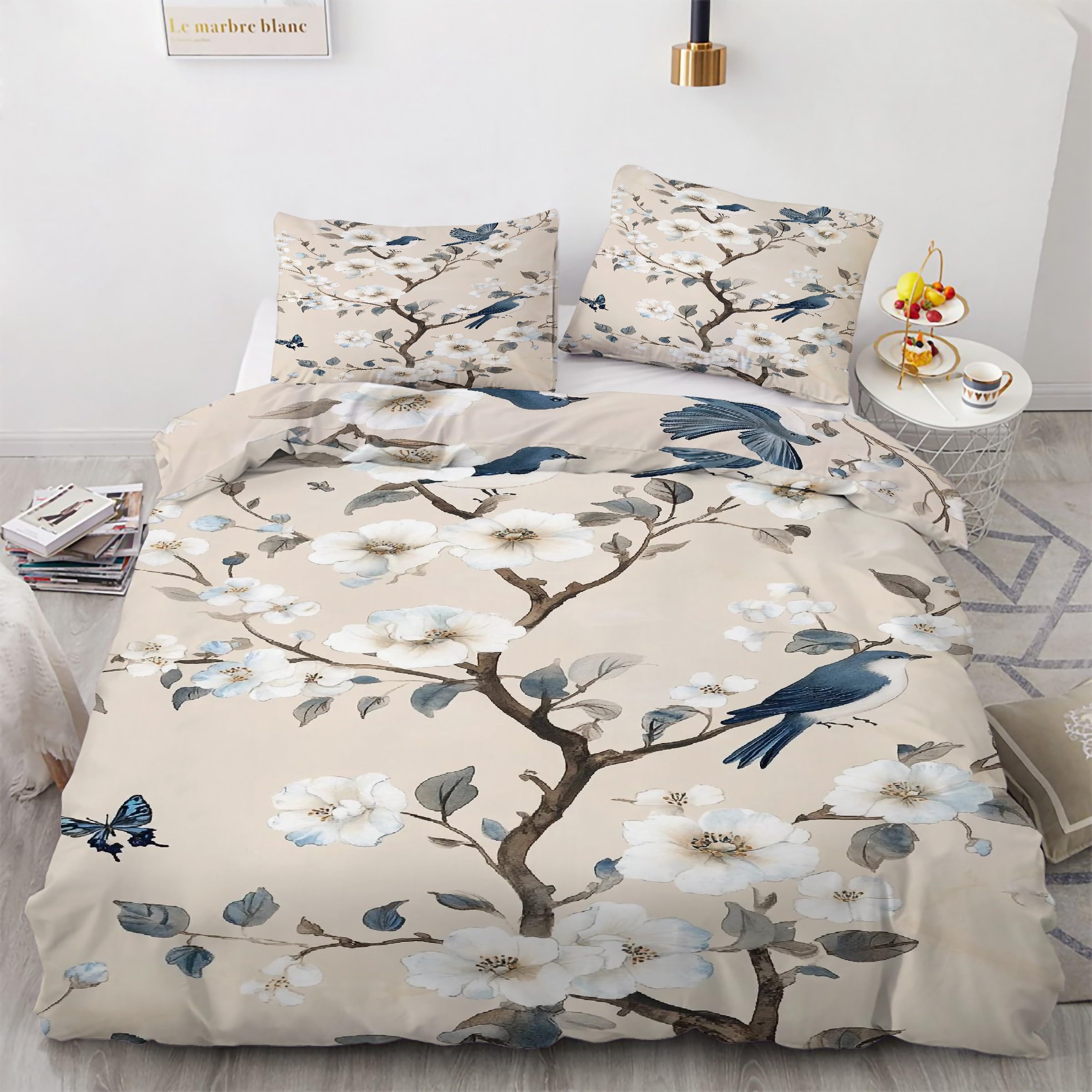 Ensemble de literie 3 pièces 220x240 housse couette microfibre douce taies fleurs oiseaux