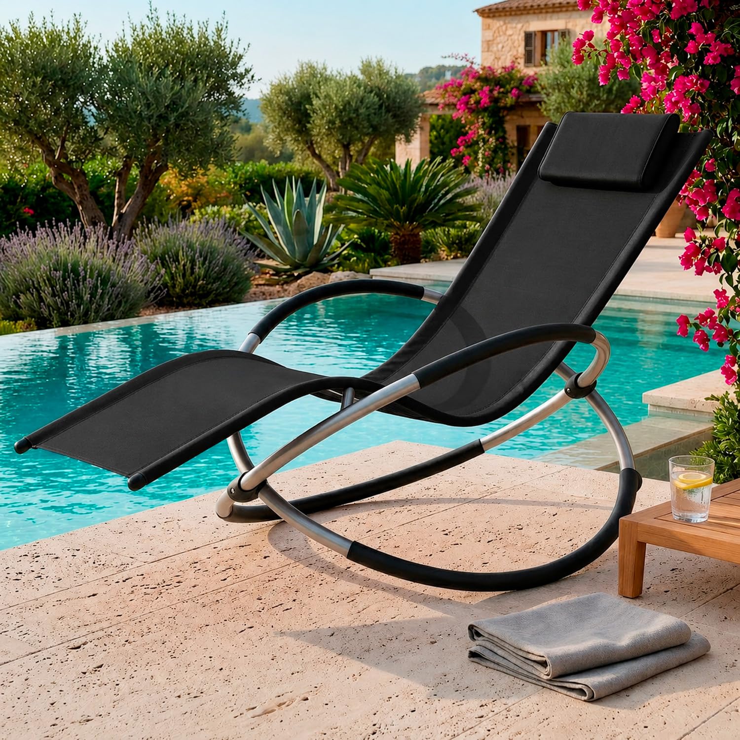 Poltrona Basculante Sdraio A Dondolo Da Giardino Con Poggiatesta Removibile In Textilene Traspirante Telaio In Metallo Ergonomica Relax Piscina Terrazzo Outdoor 73 x 150 x 93 Cm Nero