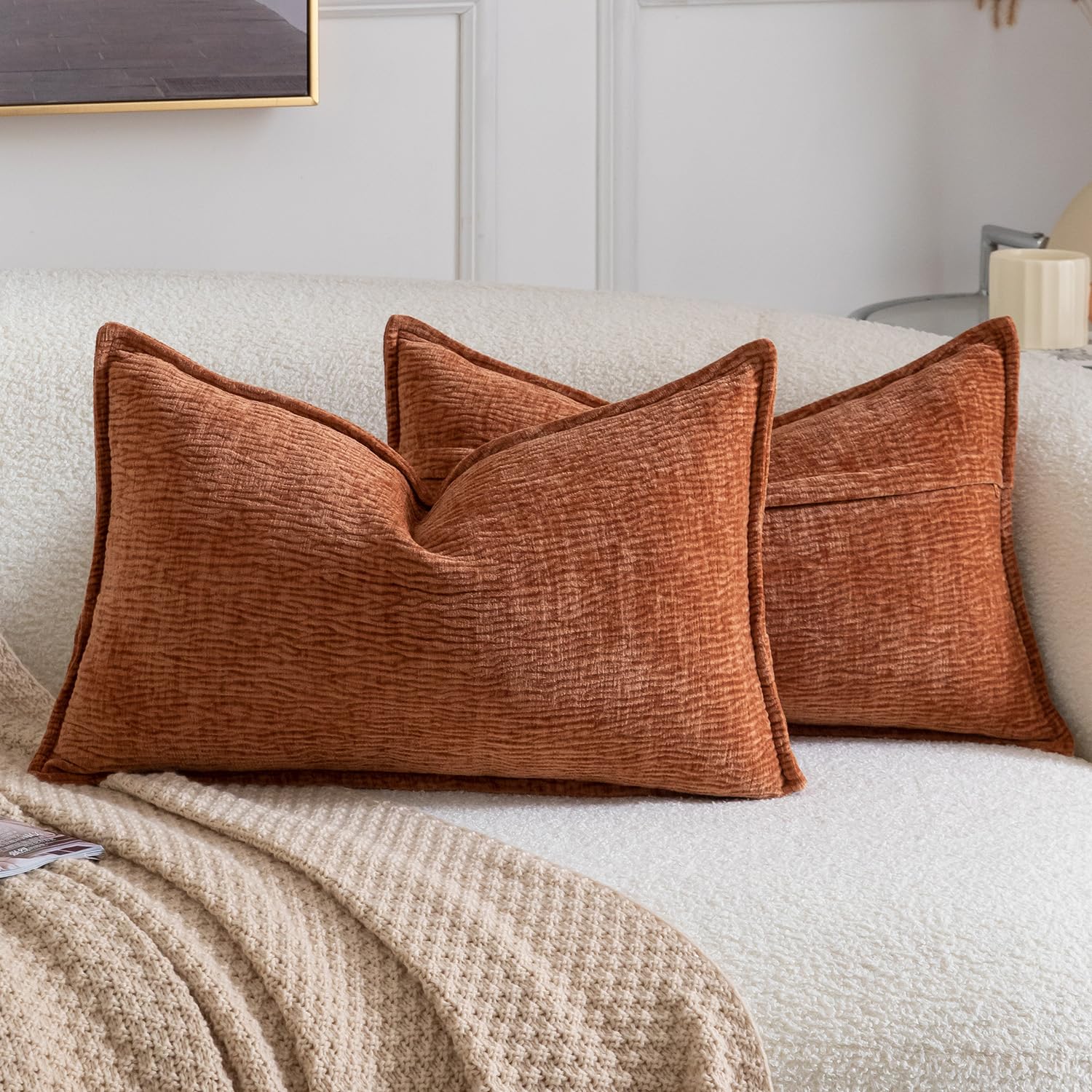 Madizz Pack of 2 Decorative Cushion Covers Soft Chenille Throw Pillows Solid Textured Throw Pillow Covers for Couch Sofa Bedroom Living Room 30x50 CM, Rust