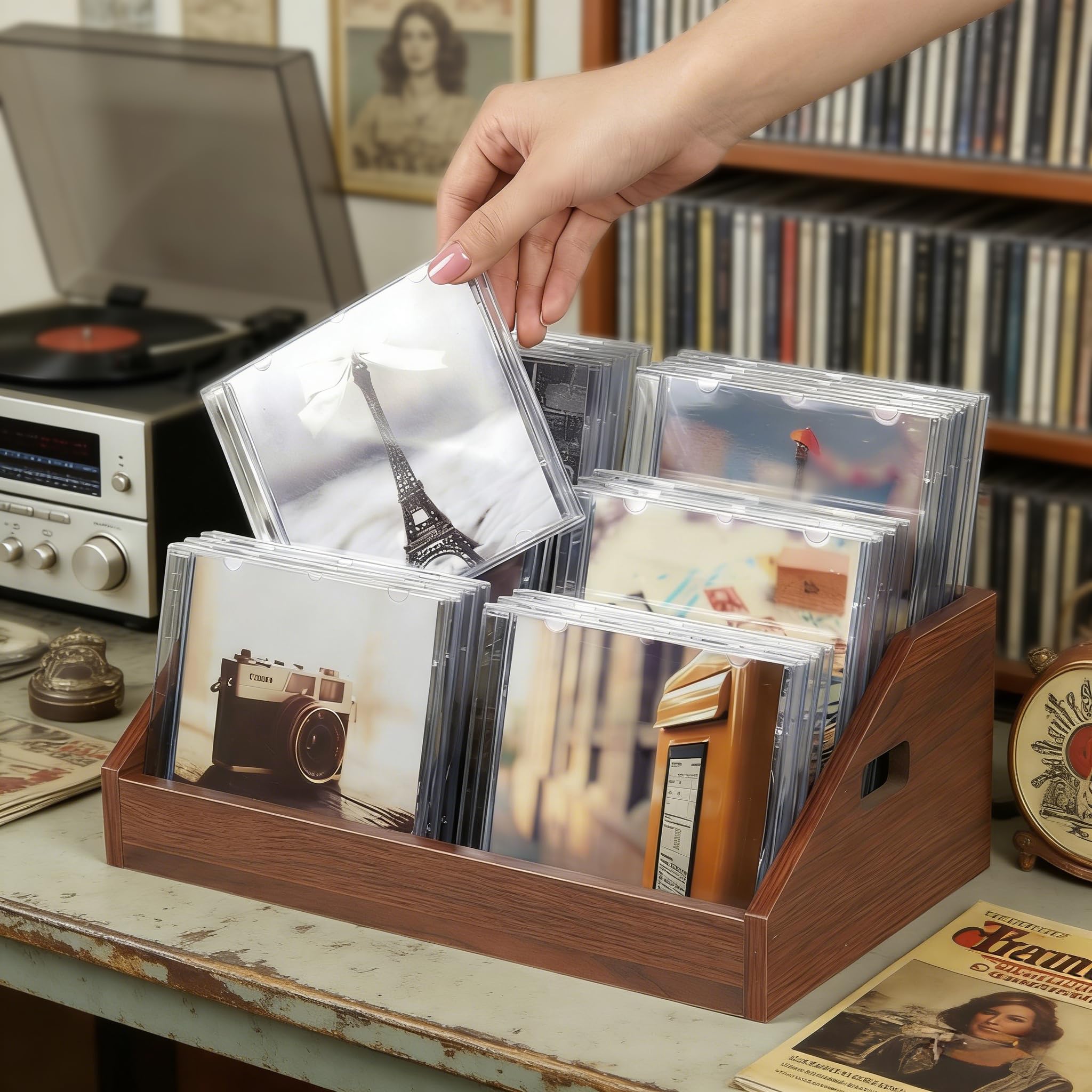 Stojak na płyty CD, 3 poziomy, z drewna, organizer na płyty CD i DVD | Uchwyt dla kolekcjonerów i graczy, praktyczna pamięć multimedialna zmontowana