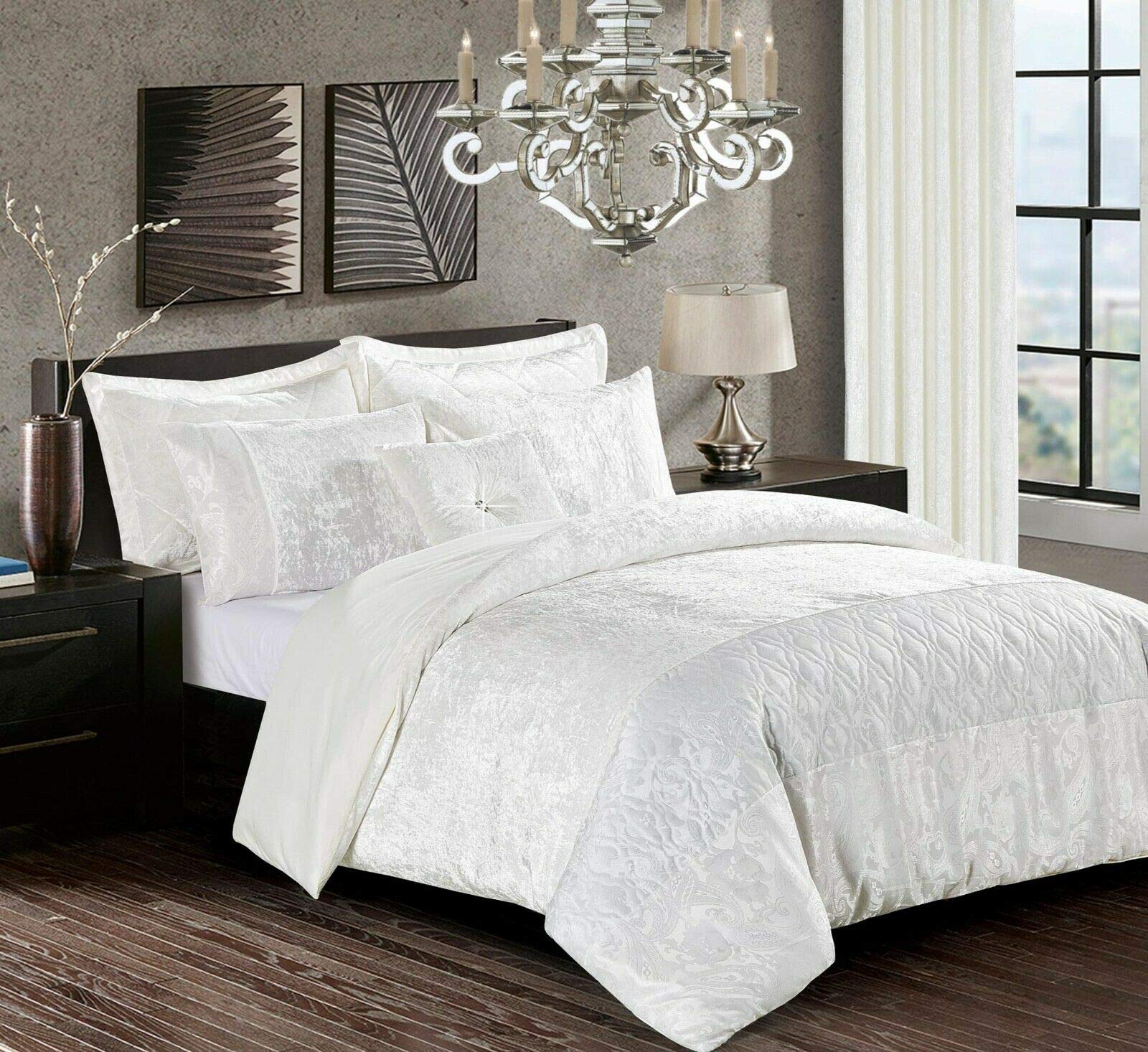 Householdfurnishing Luxury Crushed Velvet 3 Pieces Duvet/Quilt Cover Set Bedding Set With Pillowcases (White, Double)