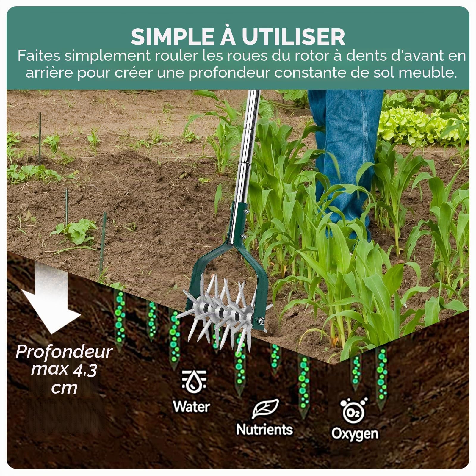 YEELOR Motoculteur de jardin avec manche réglable en acier inoxydable, motoculteur rotatif fin pour le relâchement du sol dans les petits jardins, l'aération de la pelouse, le mélange d'engrais et la