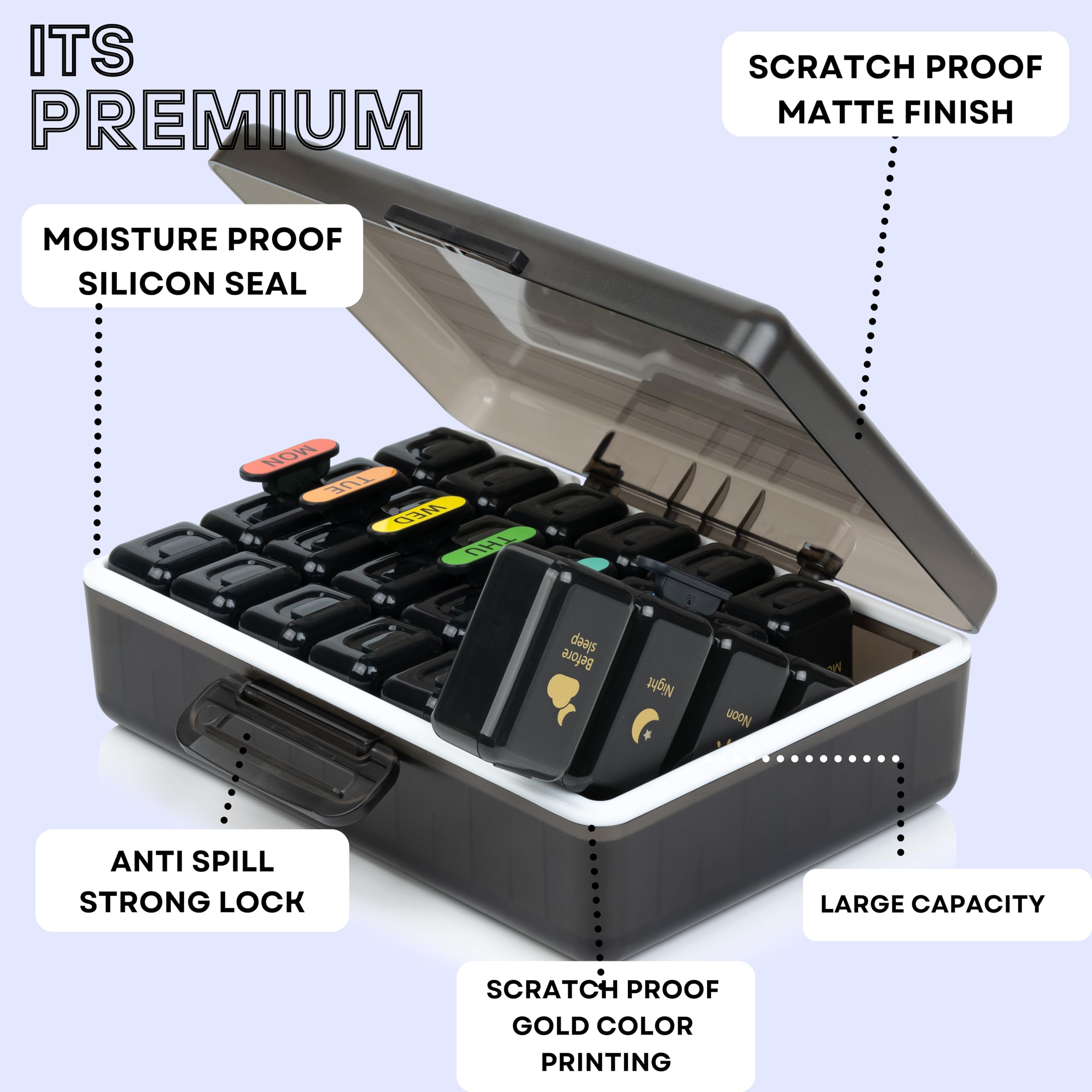 Big Premium Medicine organizer- Medicine organizer box- Medicine Box, 7 days Pill Box For Home-Pill Organizer Box Case With Large Compartments, Portable for pills & Supplements (Black-4 Compartment) 2
