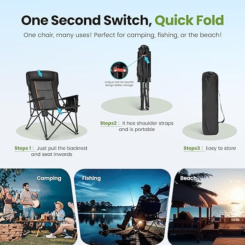 Miniatura 9 de HIGH POINT SPORTS Sillas de campamento plegables de gran tamaño para adultos, respaldo alto, sillas de césped resistentes con soporte para 500