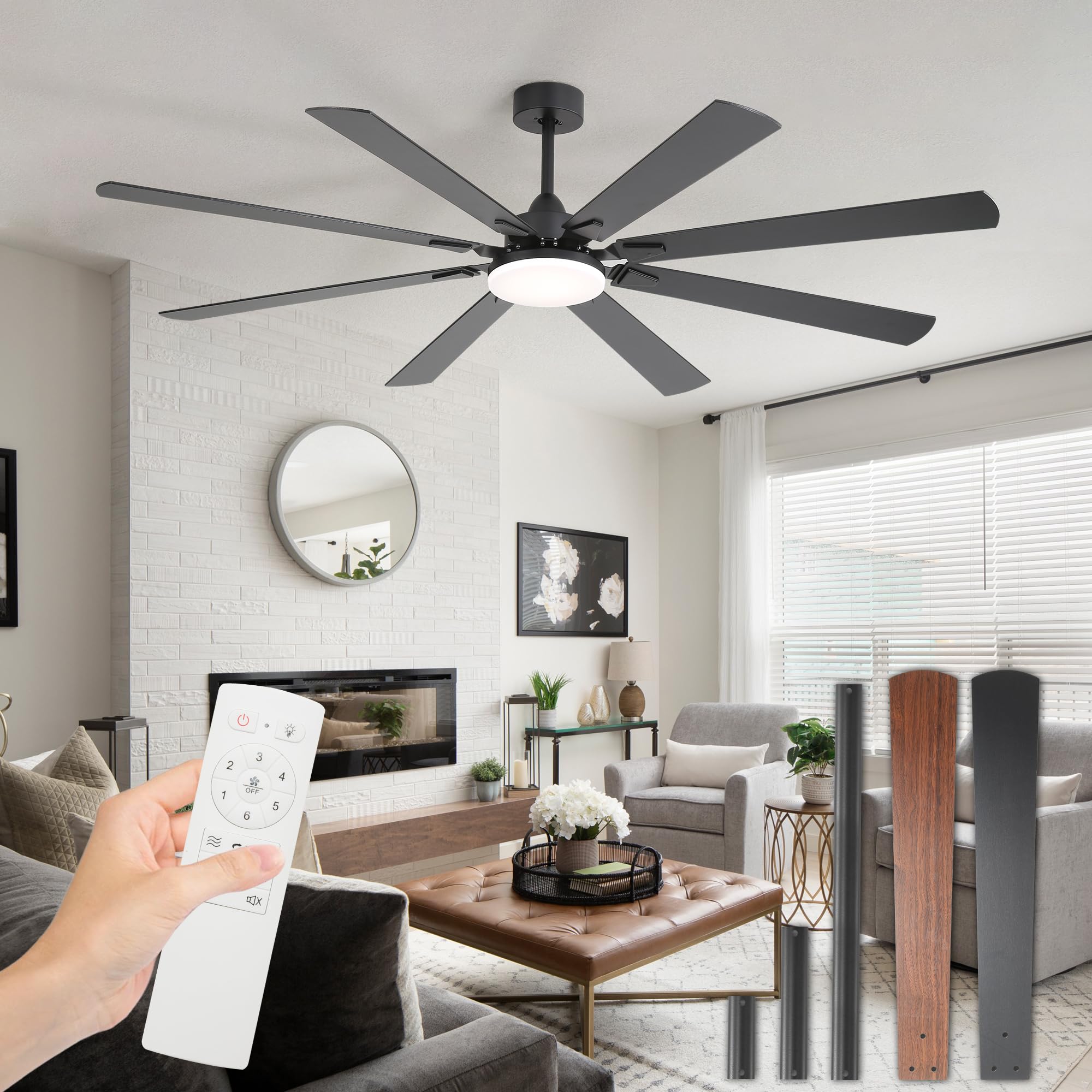 72-Inch 8-Blade Large Ceiling Fan,Reversible 24db Quiet DC Motor,Indoor/Outdoor Modern Ceiling Fan,Suitable for Kitchen,Living Room and Terrace,Black.