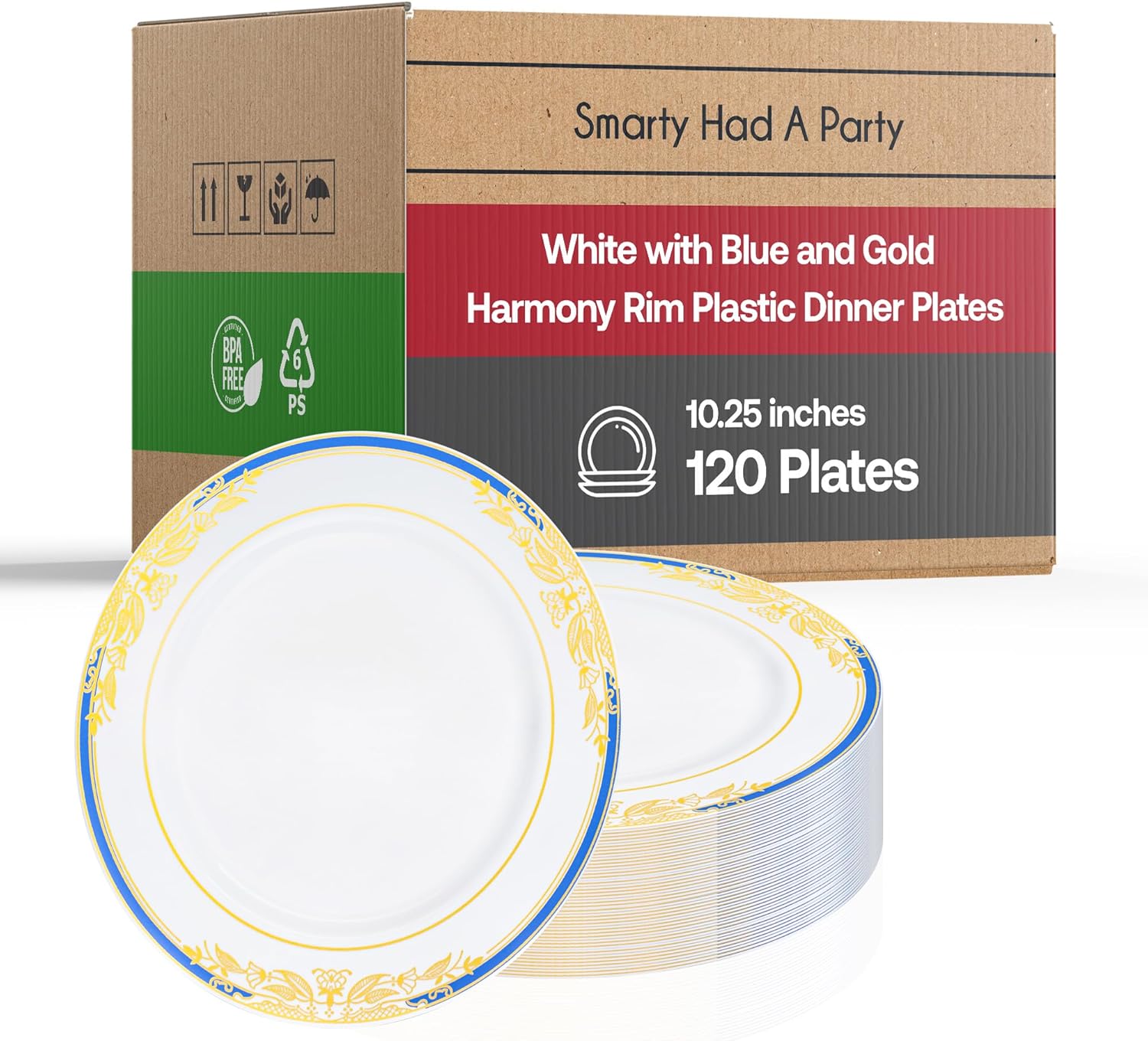 Smarty Had A Party 120 Pcs Elegant Disposable Dessert Plates, 6" Heavy Duty Fancy White Plastic Plates with Gold Rim for Appetizers, Salads, and Cakes