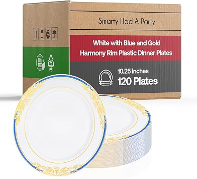Smarty Had A Party 120 Pcs Elegant Disposable Plastic Dinnerware Sets, 10.25" Heavy Duty Fancy White Plastic Plates with Blue and Gold Rim for Weddings, Parties & All Occasions