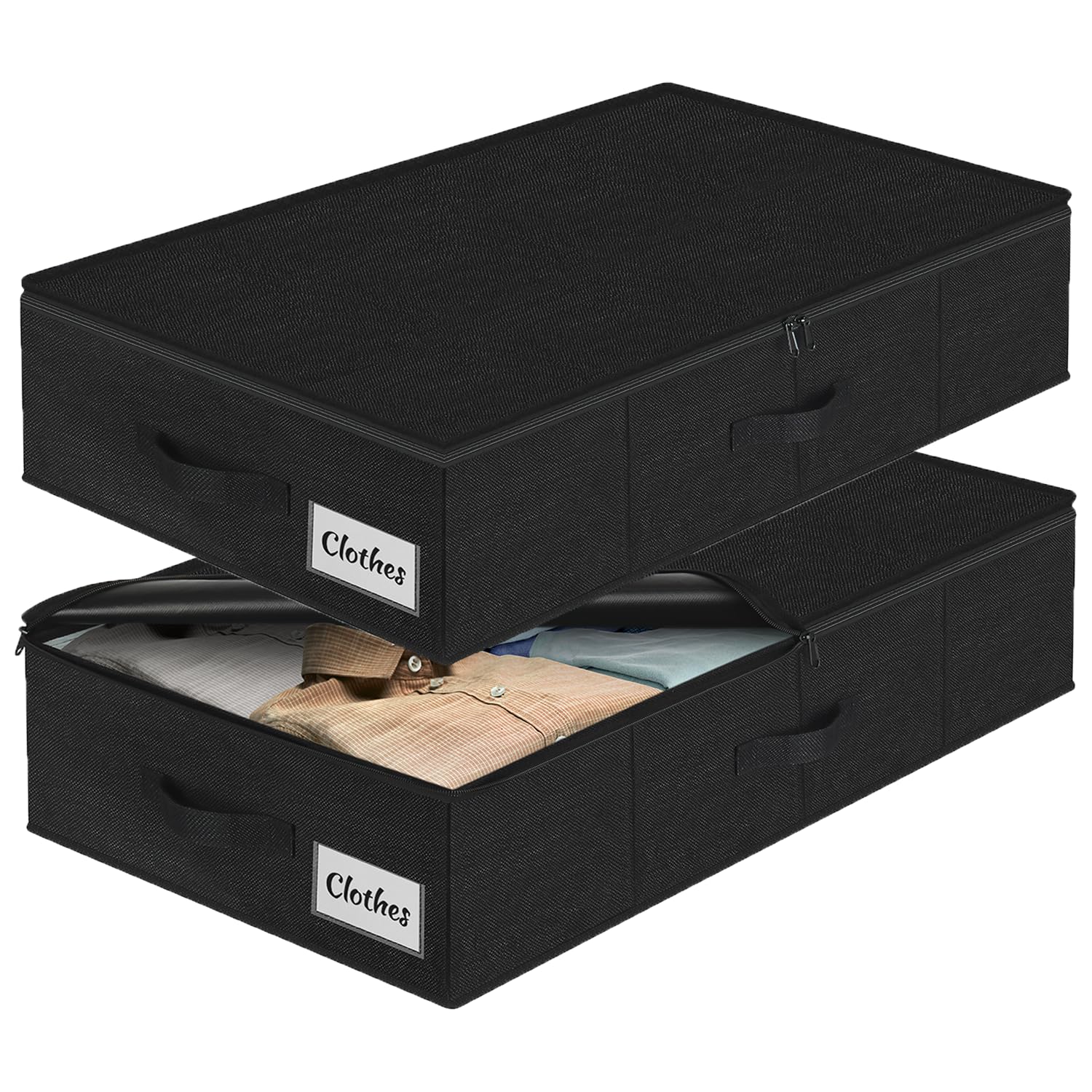 Kukikan Black Under Bed Storage Box With Lid 2 Pack, Low Profile Foldable Underbed Clothes Organiser Under Sofa And Cot, W/ Ultra Thick Fabric And Sturdy Bottom/Sides, Storage Box For Dorm And Home 76X40x17cm