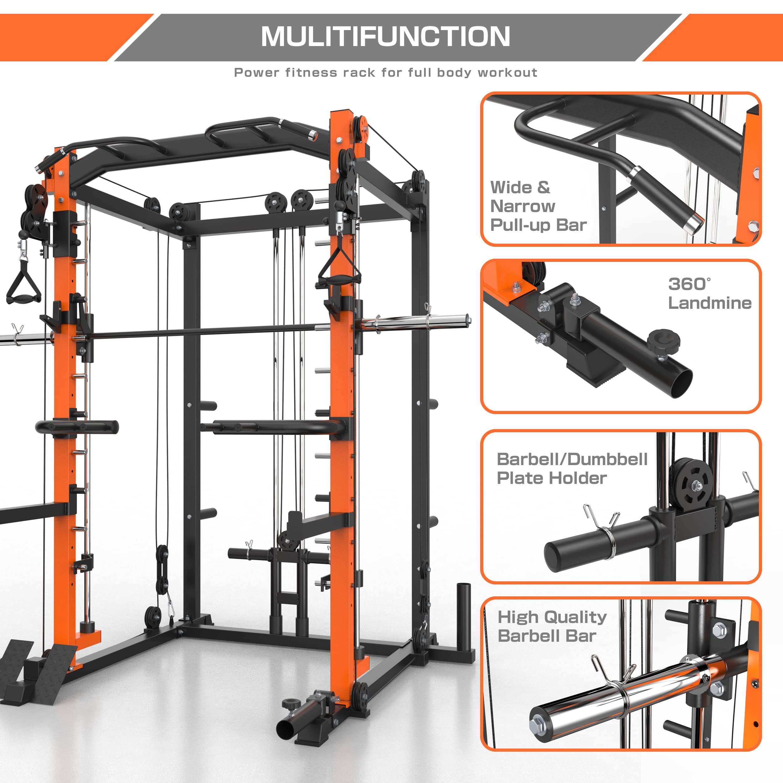 MAJOR LUTIE Smith Machine, Power Cage with LAT PullDown Pulley System and Squat Rack for Total