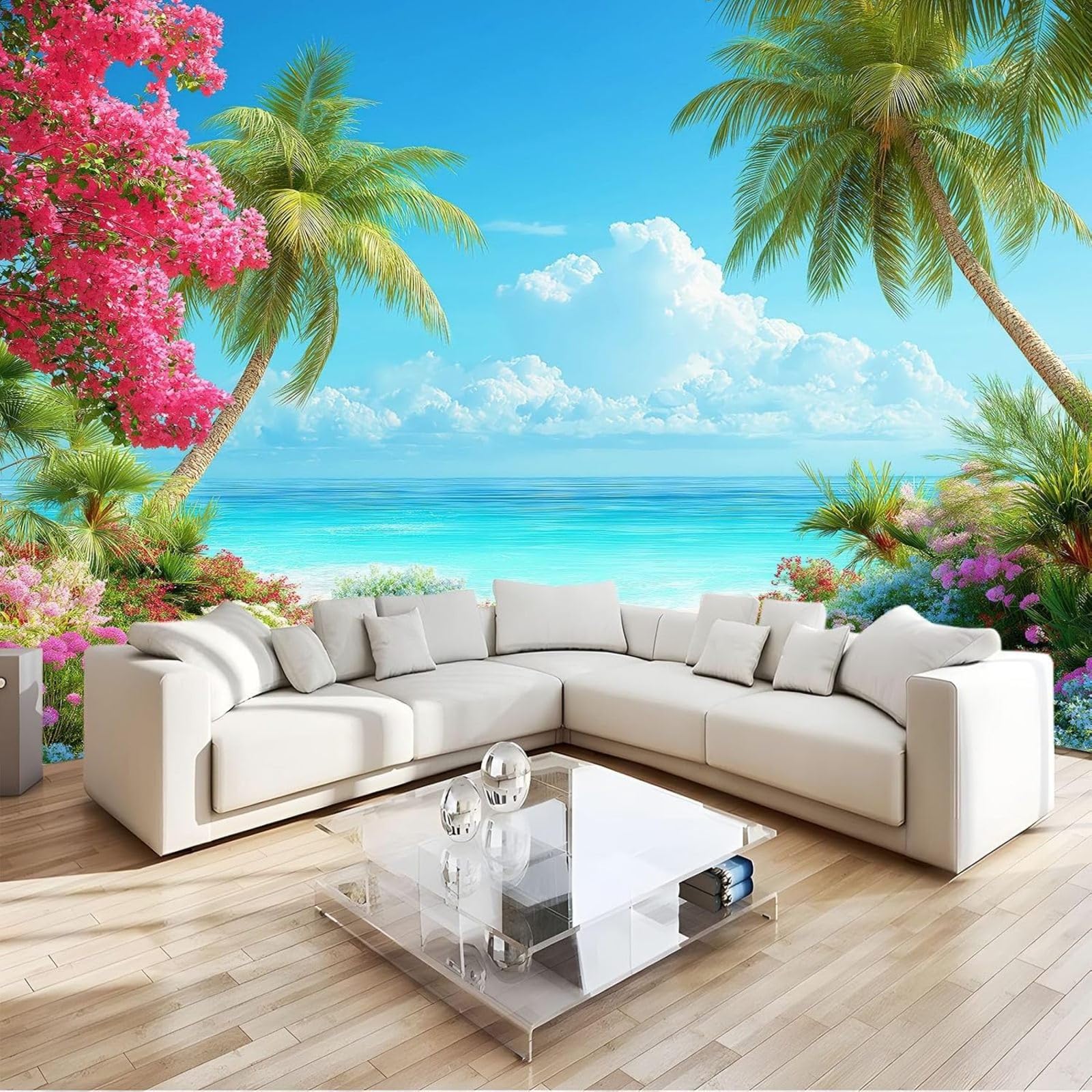 hgjdjhnf Photo Wallpaper Palm Trees sea View Flowers Modern wall Mural Living Room Bedroom wall Art wall, Blue, 300cm x 210cm
