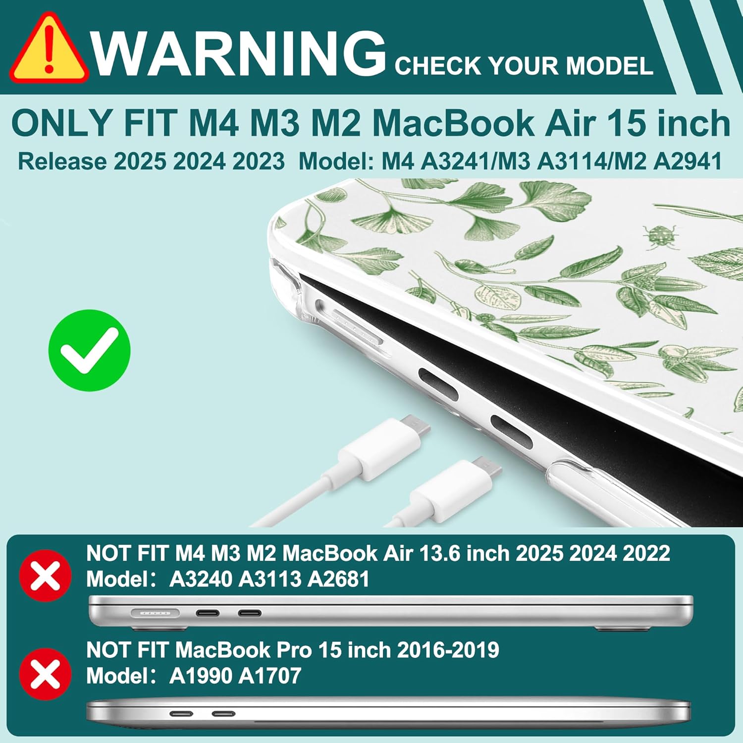 for MacBook Air 15 inch Case 2026 2025-2023 M5 M4 M3 M2 Released A3448 A3241 A3114 A2941, Hard Shell Laptop Case with Keyboard Cover & Trackpad Film & 2 OTG Adapters, Leafy