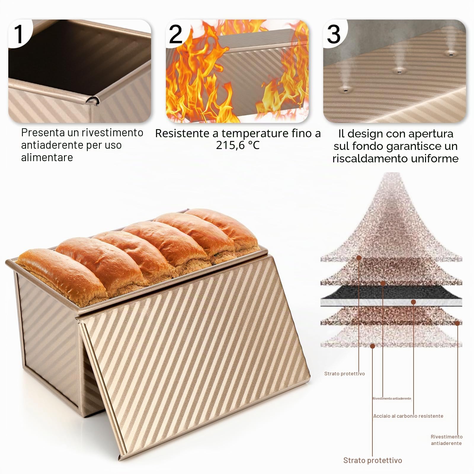 Set di 2 stampi antiaderenti per pane in cassetta con coperchio, ideale per cuocere pane, toast, panini e torte, perfetto per grigliare e cucinare (oro rosa)