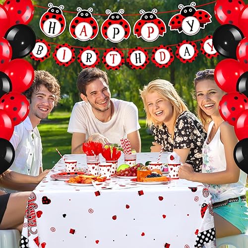 Miniatura 6 de Sumind Juego de 200 decoraciones de fiesta de cumpleaños con temática de mariquita, suministros para fiestas temáticas de mariquita, vajilla de