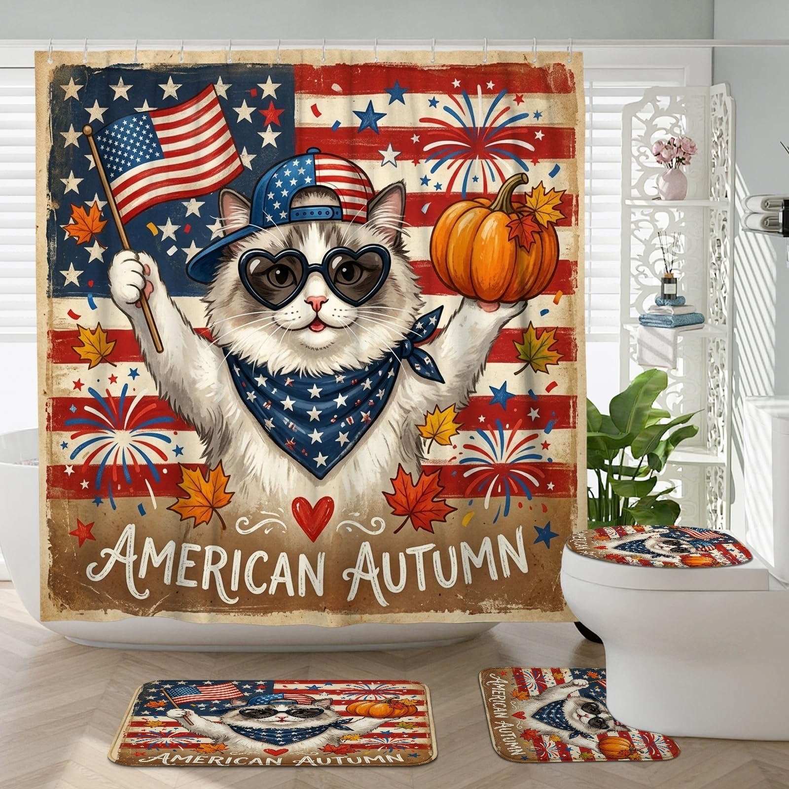 Rideau de douche 183x183 cm et lot tapis de bain amusant