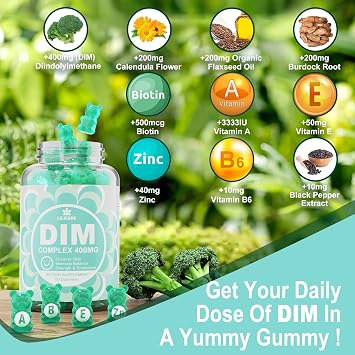 DIM Supplement Women 400mg, Estrogen Supplement for Women, Sugar Free DIM Gummies for Men & Women w/ Biotin, Flaxseed Oil, Burdock, Calendula, BioPerine for Hormone Balance, Menopause & Prostate 60Cts