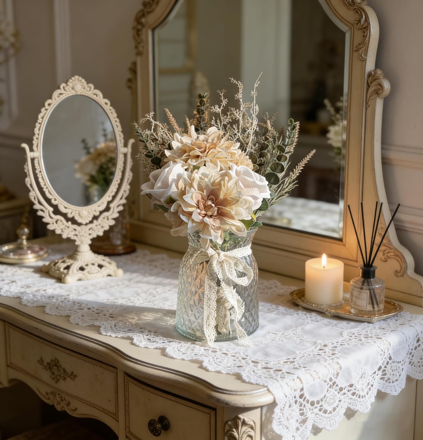 Artificial Flowers with Vase, Champagne Silk Dahlia & Rose Faux Floral Arrangement, Rustic Farmhouse Table Centerpiece for Dining Room, Wedding, Living Room, Boho Home Decor