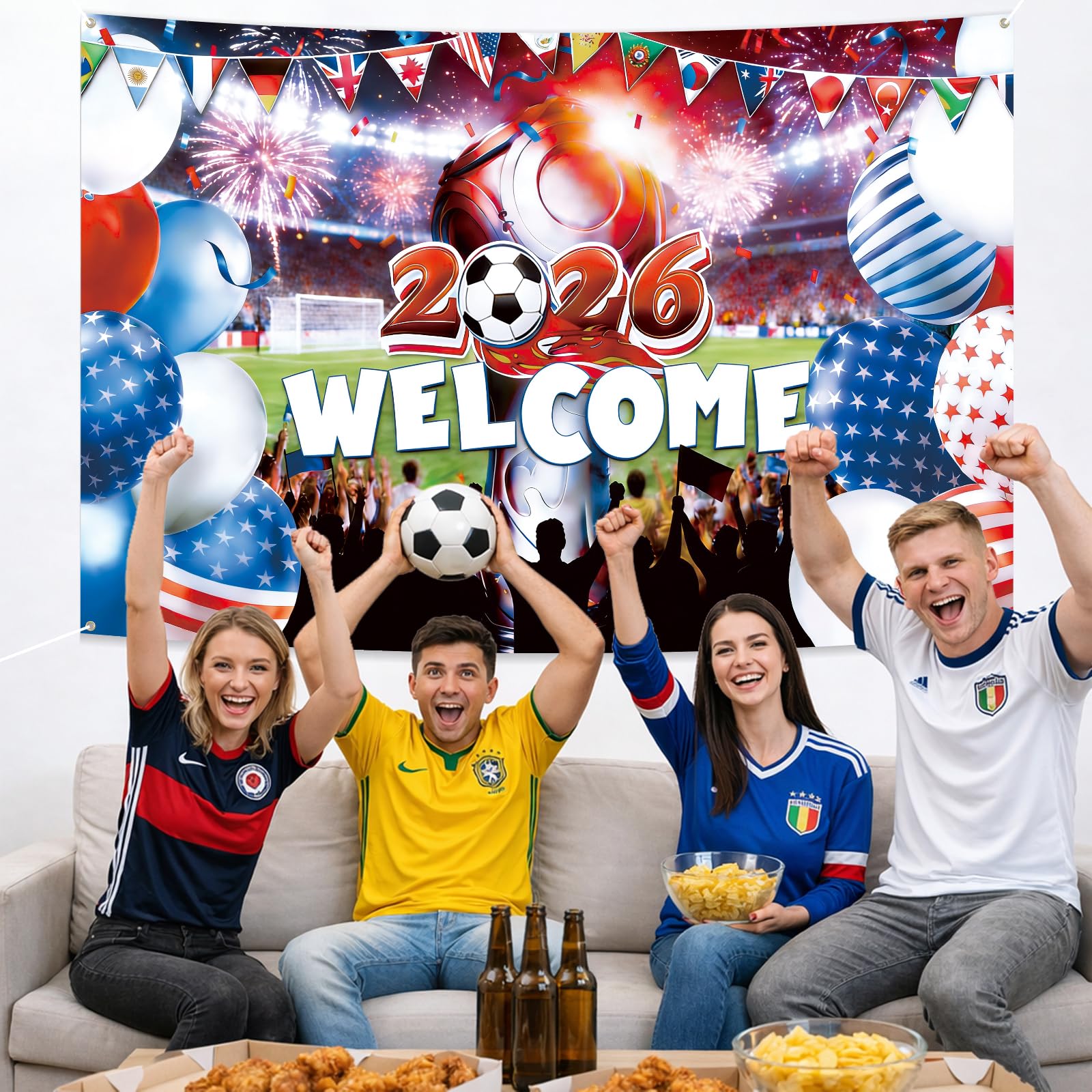 Cartel de la Copa Mundial de Fútbol 2026 de 72 x 48 pulgadas, telón de fondo de países internacionales, bandera de bienvenida, Copa Mundial de Fútbol, suministros de fiesta, decoración de