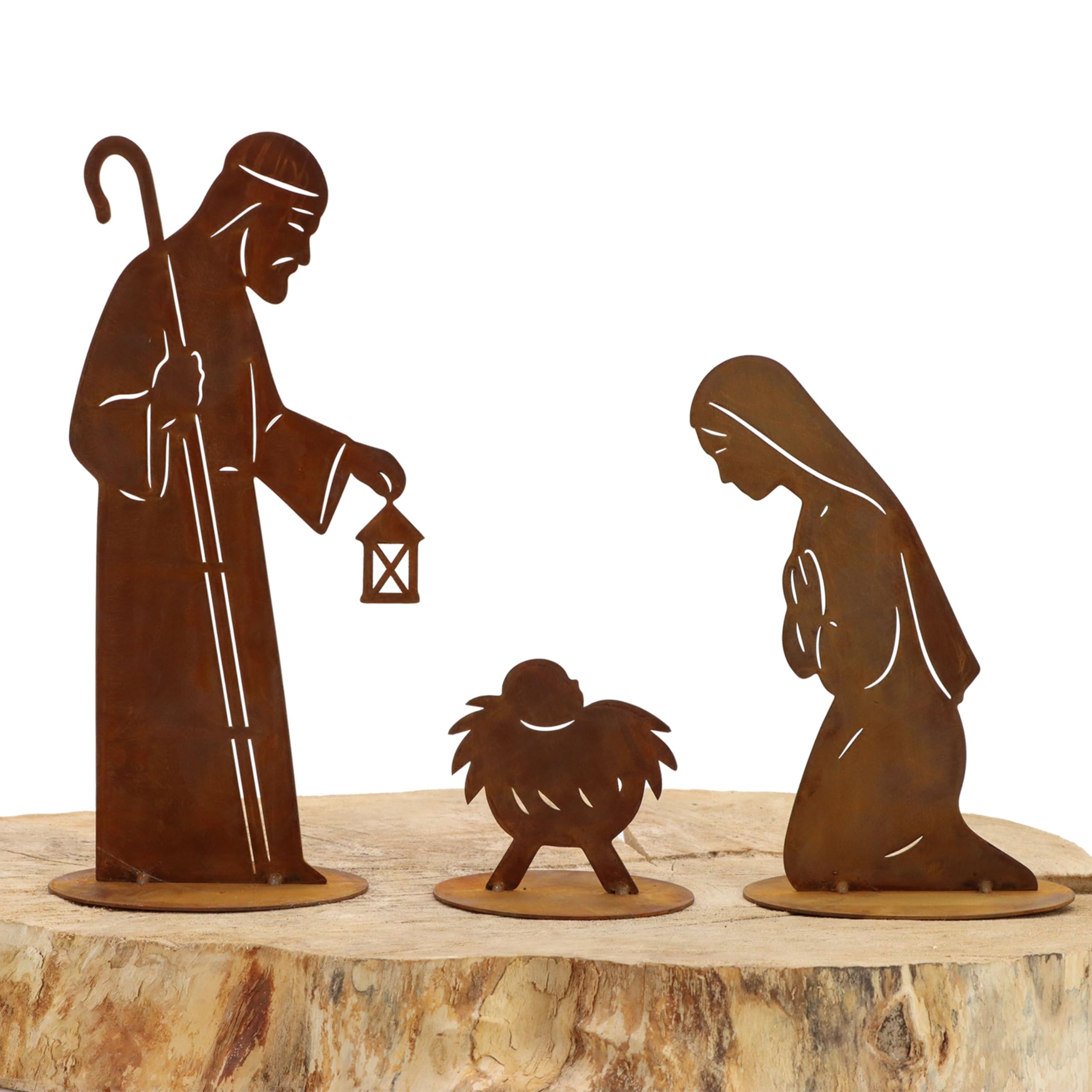 Rostikal Weihnachtskrippe XXL 3-teilig – Edelrost Krippe aus Metall mit Laterne, Maria Josef & Jesus – wetterfeste Gartendeko Weihnachten auf Standplatten, handgefertigt in Bayern