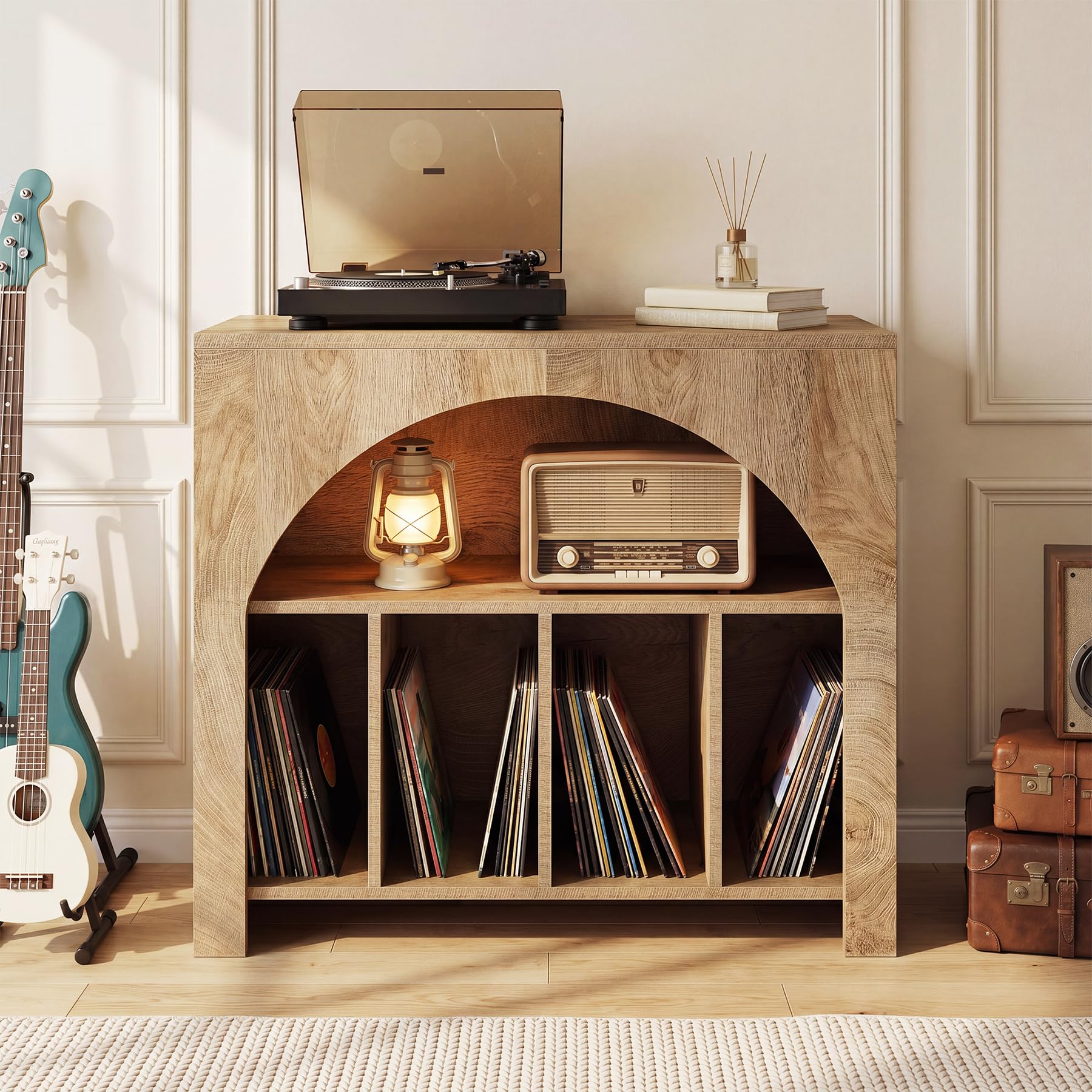 Tribesigns Supporto per Giradischi, 80 x 40 x 70 cm, Può Contenere Fino a 370 Dischi, Porta Dischi in Vinile in Stile Mid-Century con Gambe in Legno per Circa Vinili, CD, Album, Giradischi, Marrone