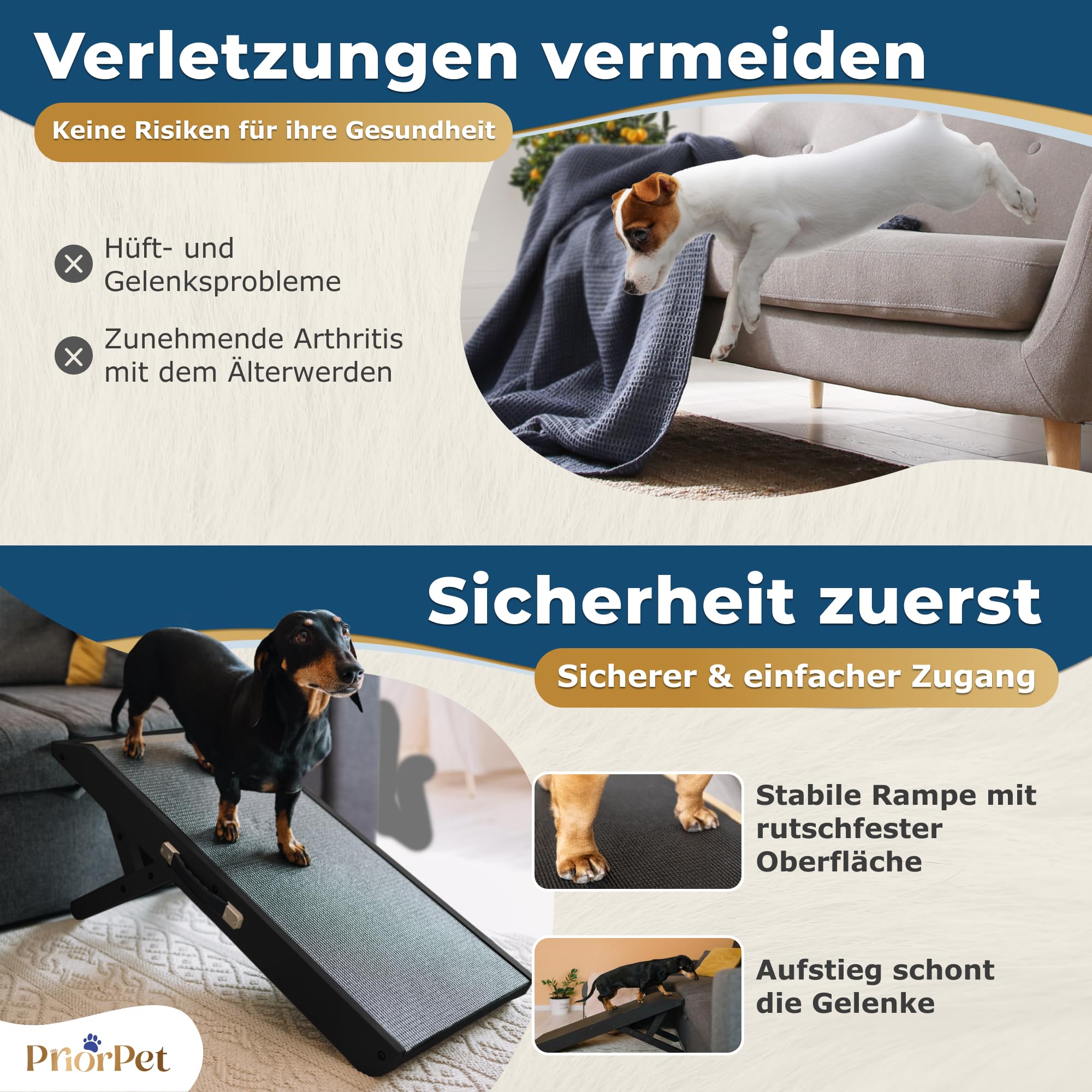 Hunderampe - Hundetreppe für kleine Hunde und große Hunde - Einstellbar 18-53 cm - Für Bett Sofa - Birkenholz - Landeplattform schließt nahtlos an - Rampe Hund Klappbar - Anti-rutsch Einsatz Schwarz