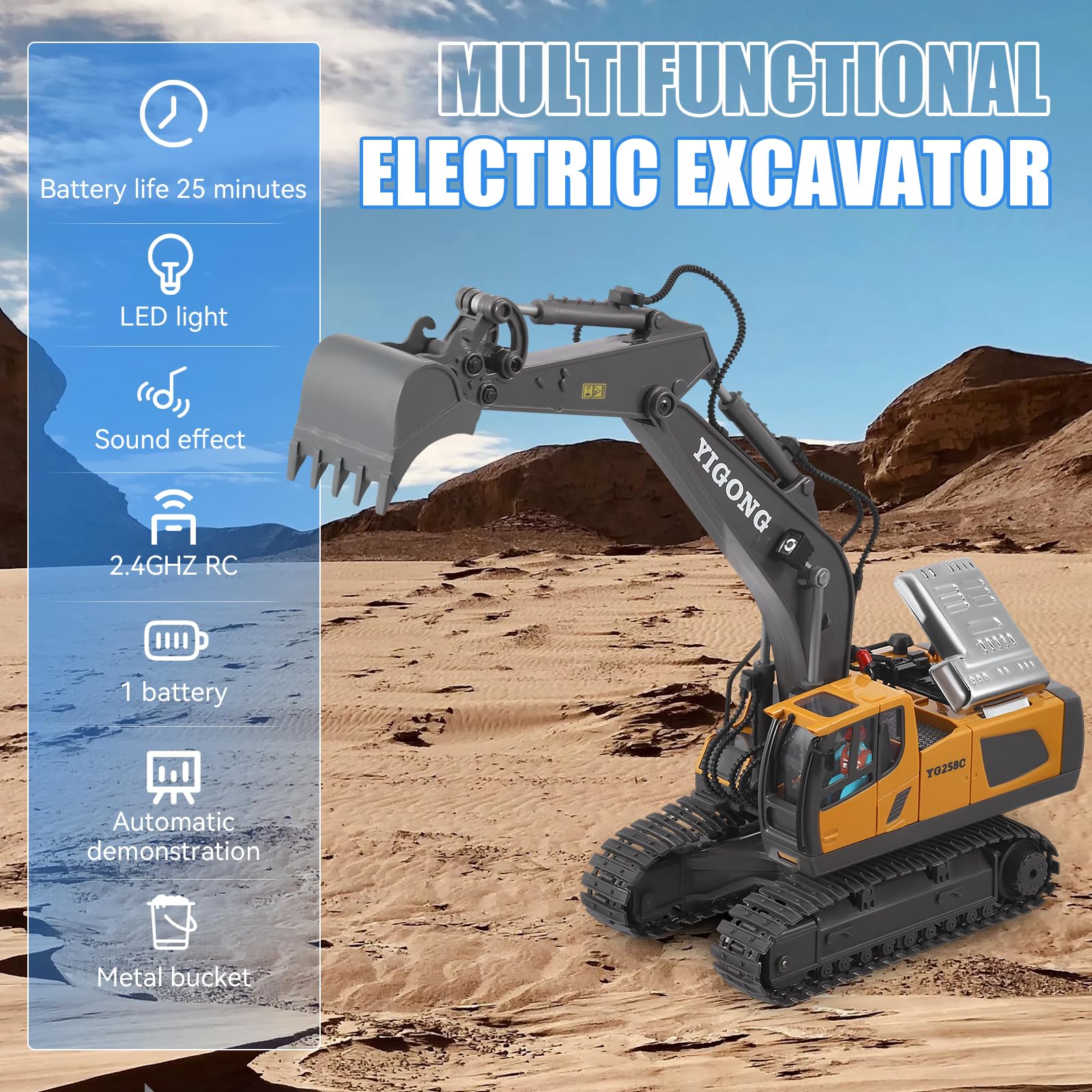 Excavadora con mando a distancia con luz y sonido para niños 3-12, 2,4 GHz Recargable rc Excavadora Metal Control remoto con pala de aleación y rotación de 680°, regalo para niños de cumpleaños y