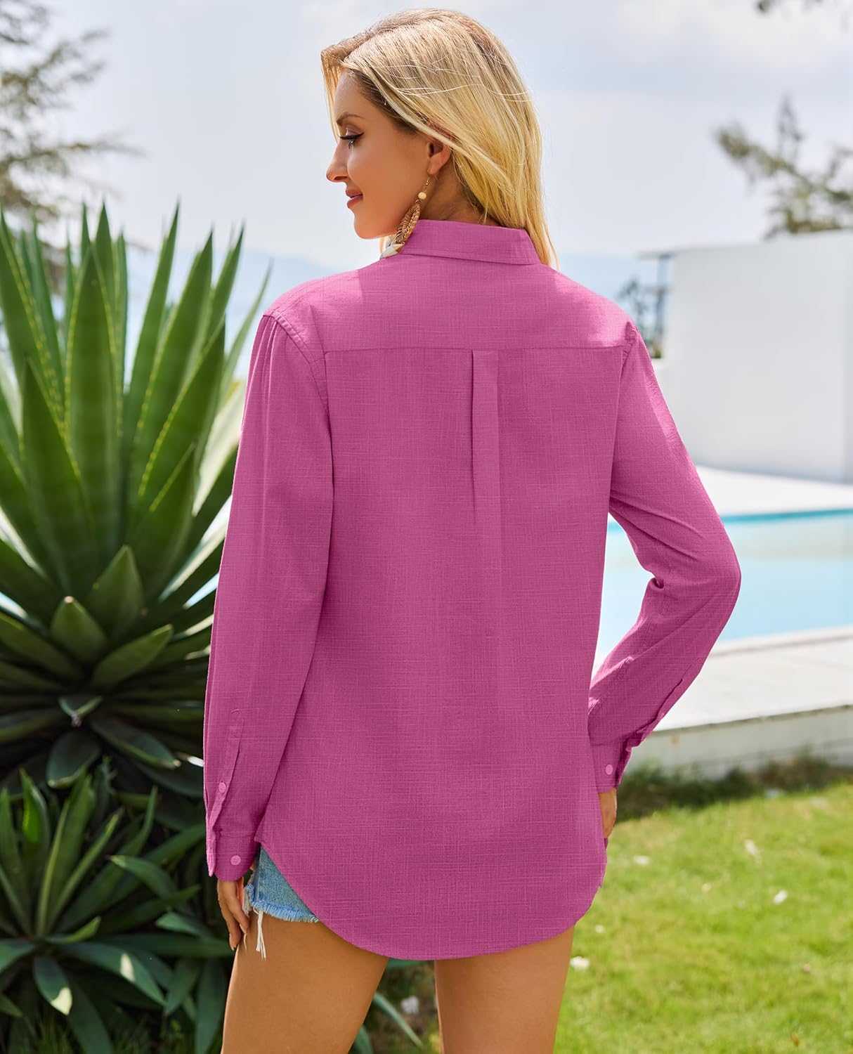 siliteelon Womens Button Down Shirt Linen Button Up Shirts for Women Long Sleeve Summer Shirt Collared Blouse Linen Tops - Image 2