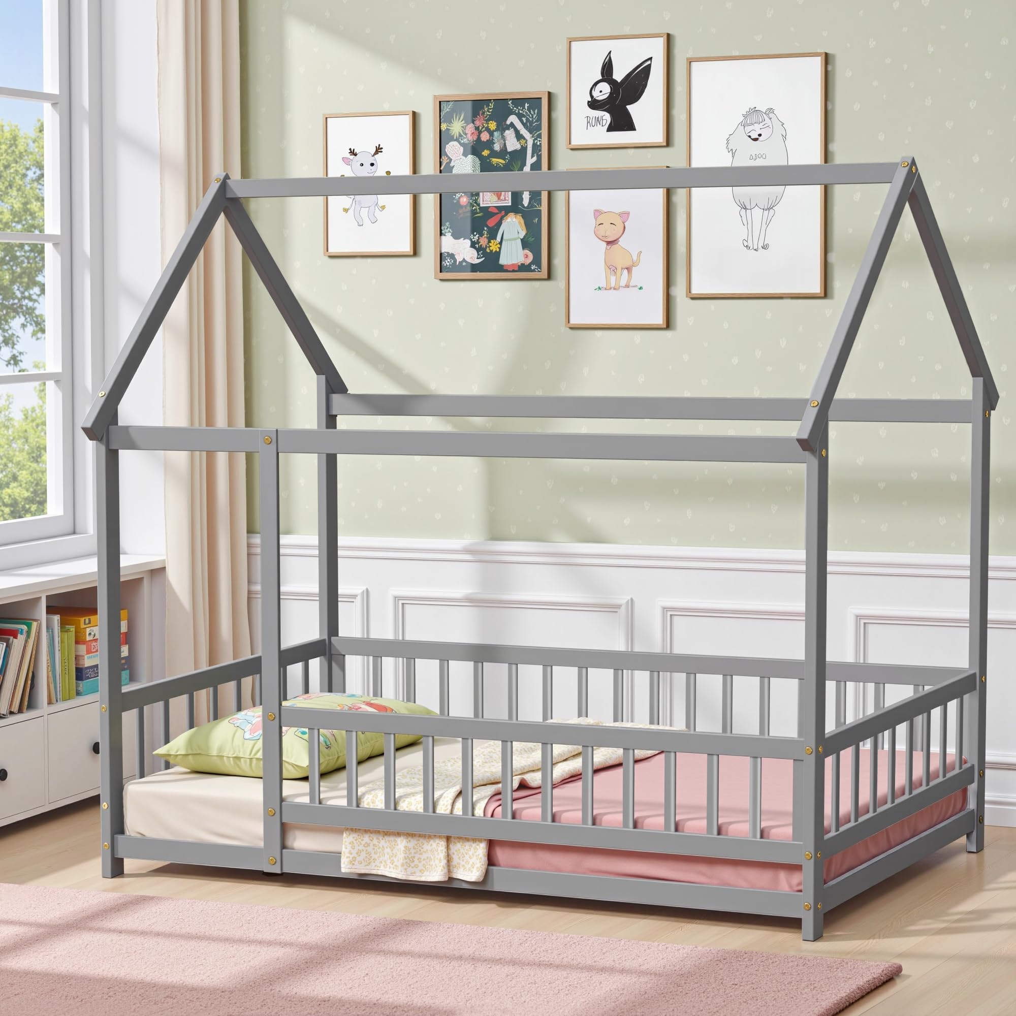 LLS Twin Floor Bed Frame with Roof, Wooden Montessori Bed with Fence, House Bed for Boys Girls Bedroom, Gray