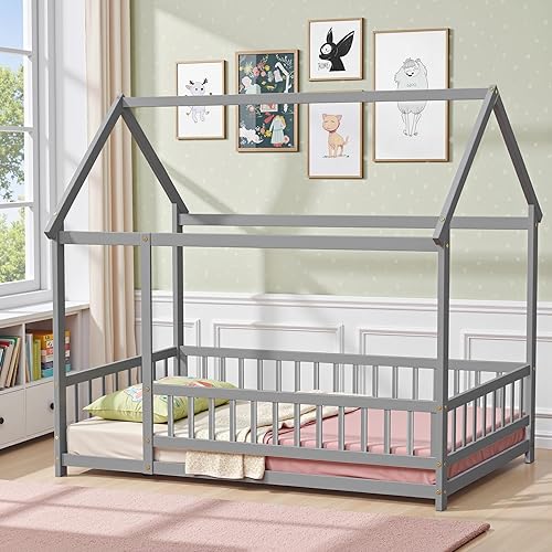 Miniatura 9 de LLS Marco de cama Montessori gemelar, cama de casa de madera con cerca y techo, cama de piso para dormitorio de niños y niñas, natural