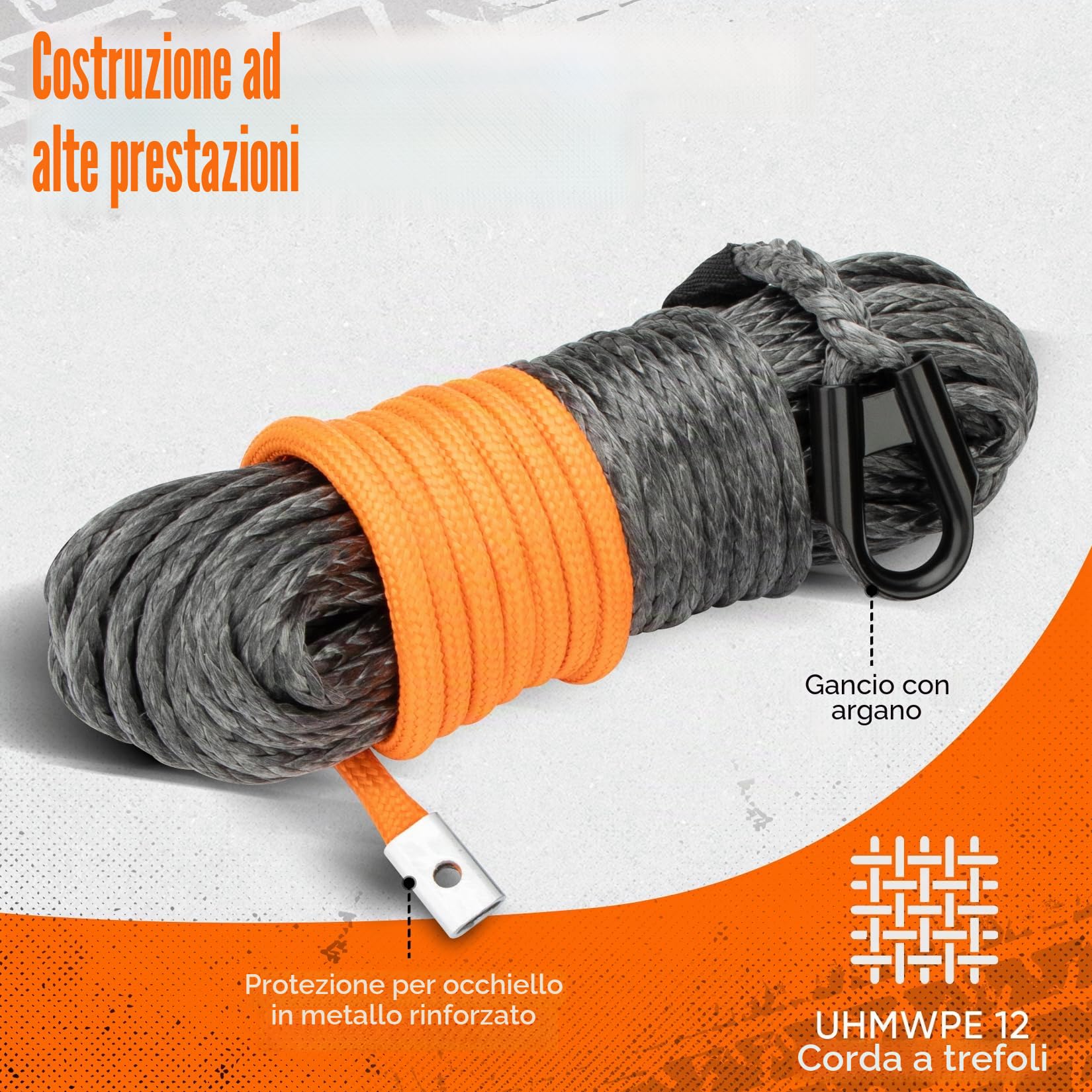 SHALL Cinghie e corde di traino, Corda sintetica per verricello lunga 1/4" X 50 ft (7,6 mm X 15 m), 5 ton (10.000 lb), con copertura protettiva, gancio per verricello forgiato e cinghia di sicurezza