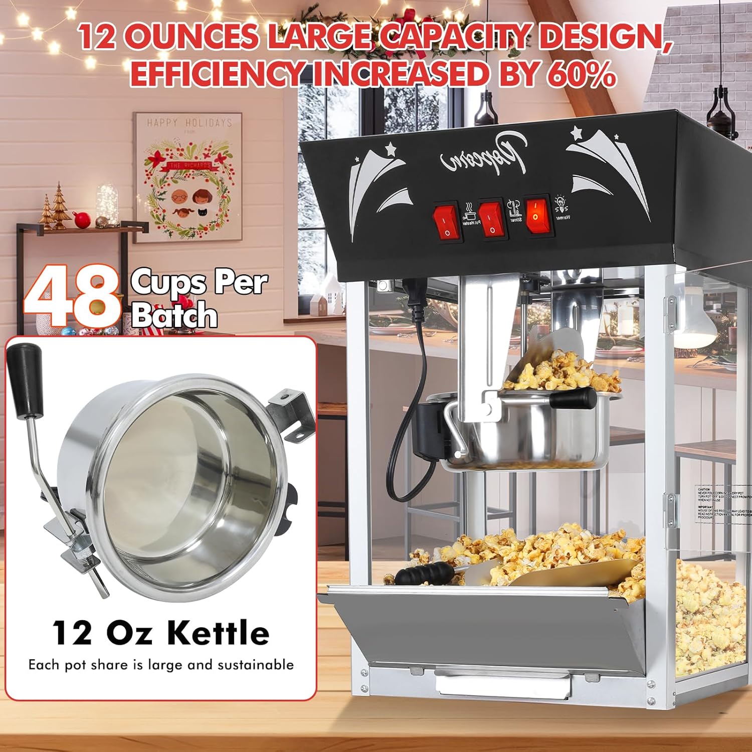 Popcorn Maker Machine,12 Ounce Kettle Stainless Steel Commercial Popcorn Machine with Tempered Glass,Warming Deck, 900W Countertop Popcorn Popper for Parties (Black, 12 Ounce)