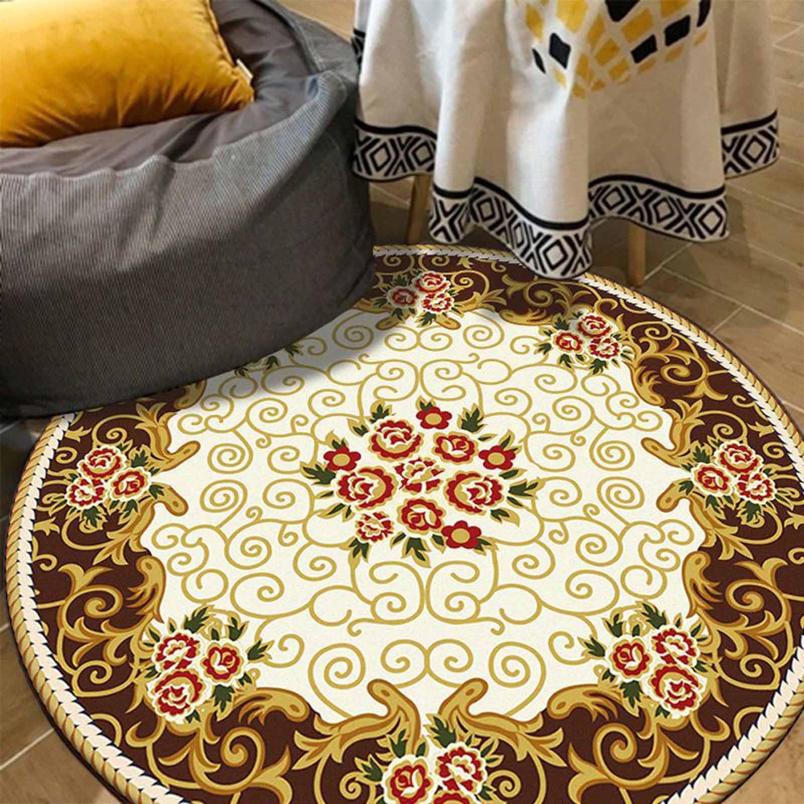 Tapis Ronds Nordiques crème Rouge Marron 60cm 80cm 100cm 120cm 140cm 160cm 180cm 200cm Tapis Lavable pour Salon Chambre à Coucher de Cuisine