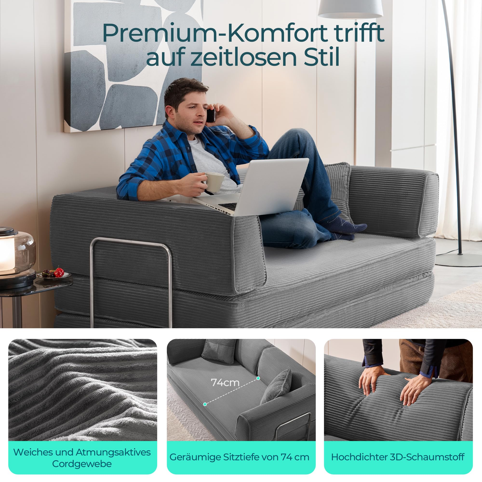 LINSY HOME Schlafsofa - Bodensofa Bed mit Pillow Back Support Armrest - Schlafsofa Klappbar 200 cm Breit- Compressed Sofa in Box - Cord Stoff für Wohnzimmer Schlafzimmer - Grau
