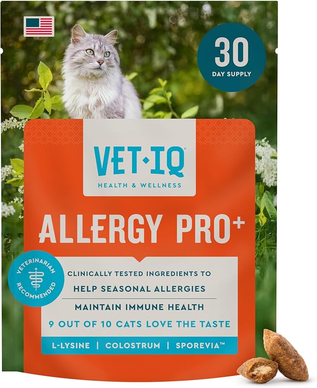 VetIQ Allergy Pro+ Relief, Cat Allergy Treats, Supplement & Vitamins with Probiotics, Fish Oil, Tart Cherry, Skin & Coat Support, Sneezing & Itching Relief, Seasonal Allergies, 3.7oz | Eases sneezing, itching & seasonal allergies; probiotics, fish oil & tart cherry; skin & coat support; daily chew