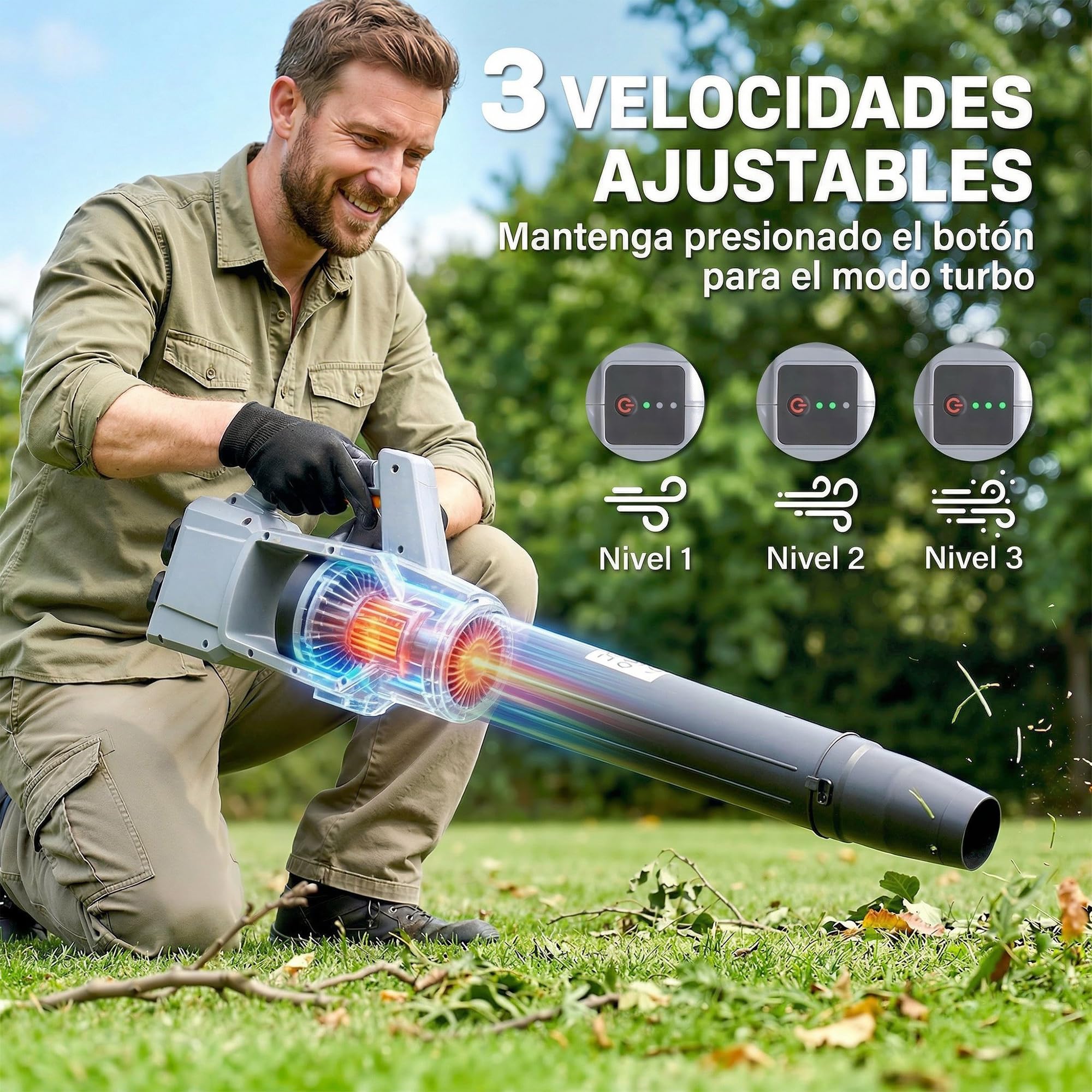 Outsunny Soplador de Hojas sin Cable 36V (2x18V) con 2 Baterías 4.0Ah y Cargador, Motor Sin Escobillas 1000W, Modo Turbo, 3 Velocidades, Soplador Eléctrico Ligero para Jardín, Hojas, Polvo y Nieve