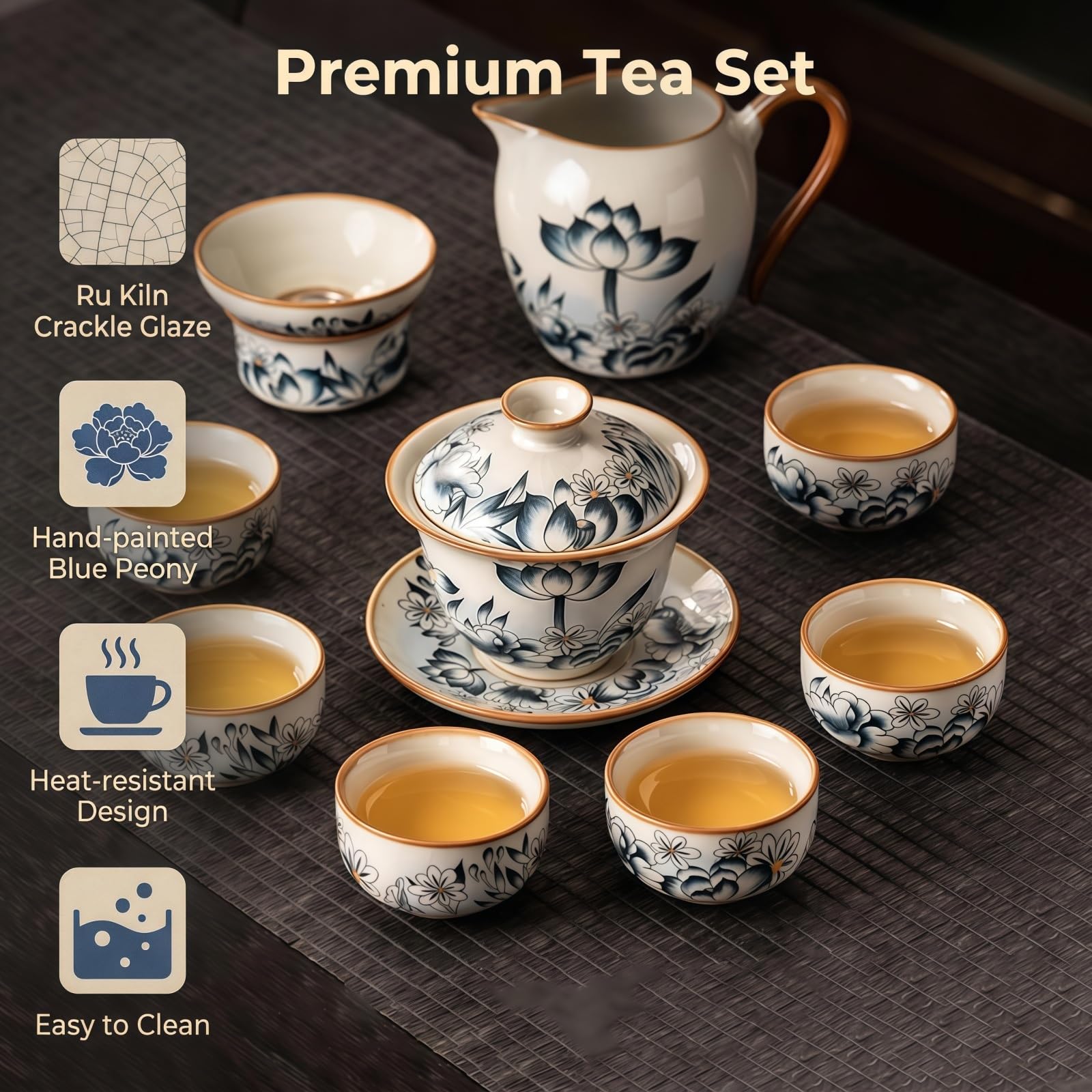 Gongfu zestaw do herbaty, ręcznie malowany porcelanowy zestaw do herbaty z czajnikiem, 6 filiżanek, tradycyjny zestaw ceremonii parzenia herbaty do domu, idealny dla miłośników herbaty i dawania