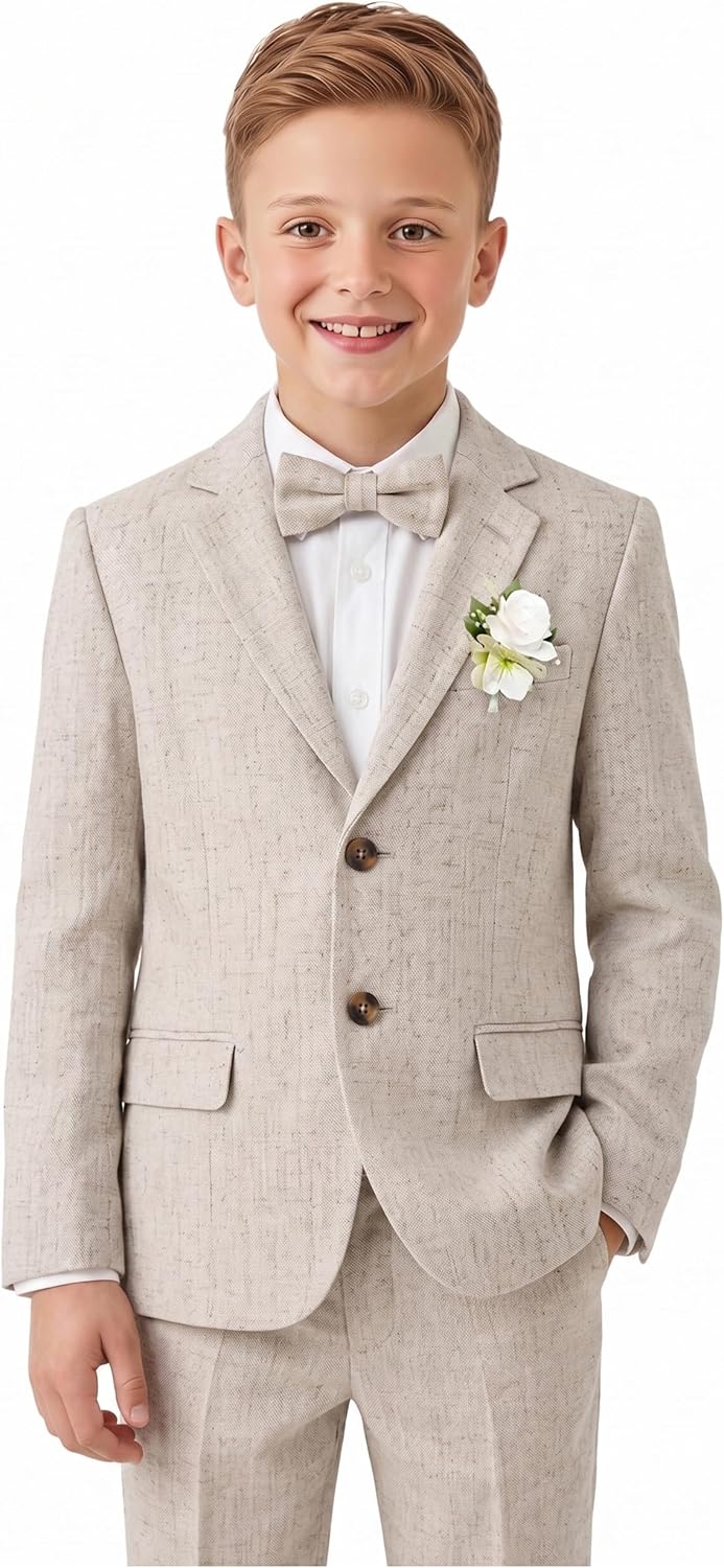 Boys Linen Suits for Boy Slim Fit 2 Piece Toddler Jacket Pants Beach Summer Lightweight Set Teen Dress Clothes Wedding Tuxedo