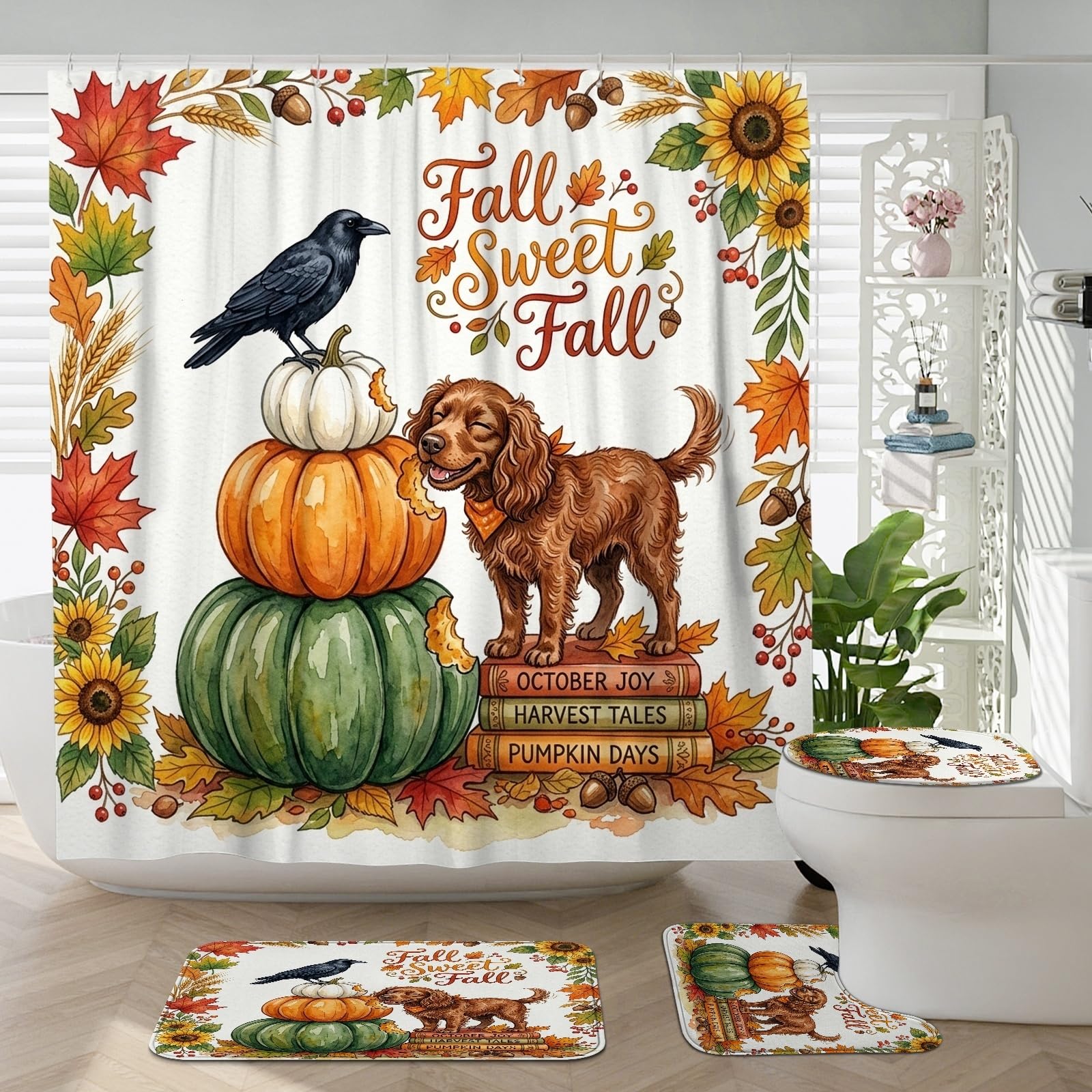 Rideau de douche citrouille d'automne étanche avec tapis antidérapants pour sols secs
