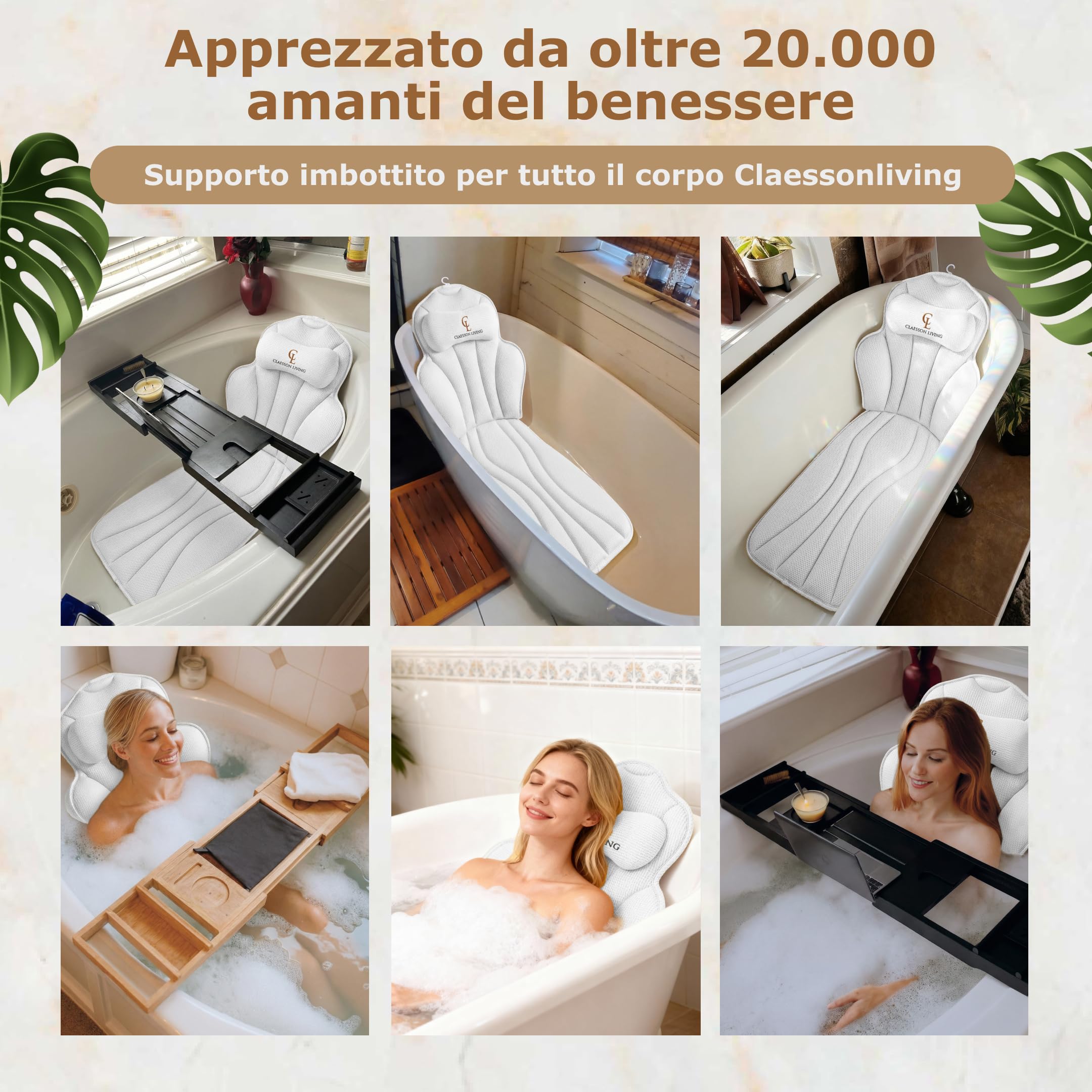 Cuscino Vasca da Bagno per Tutto il Corpo (152x56cm) – Cuscino Bagno con ventose e Poggiatesta (11cm); Supporta Collo, Schiena e Gambe – Incl. borse Lavaggio/Viaggio e Gancio Asciugatura – Bianco